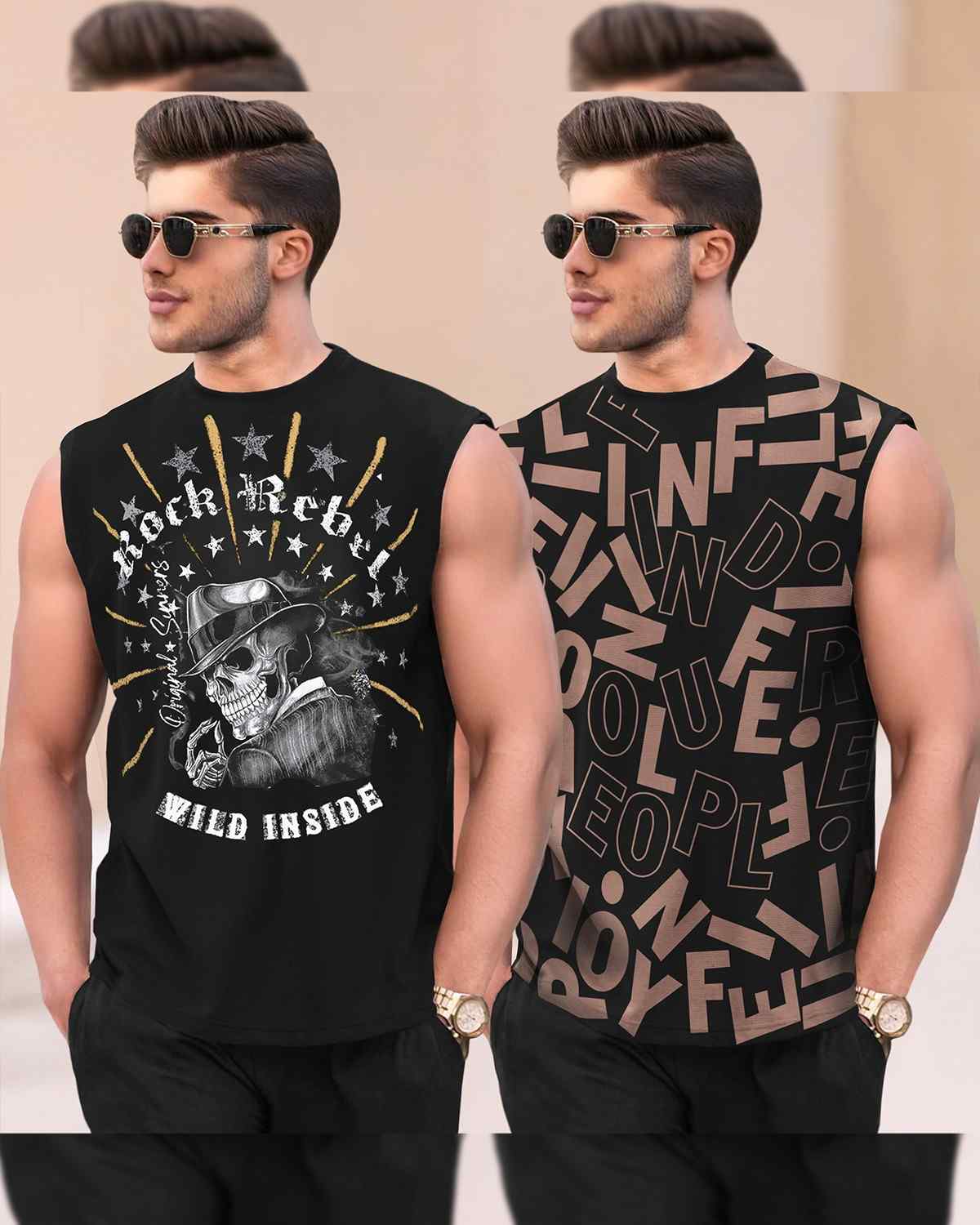 (Pack Of 2) Graphic Printed Round Neck Vests- 15 Variants
