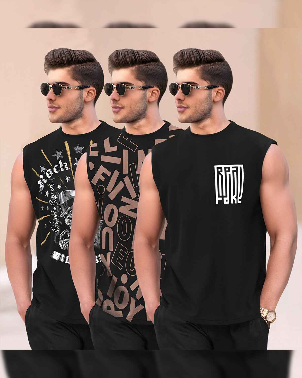 Pack Of 3 Men Typography Printed Round Neck Black Vests