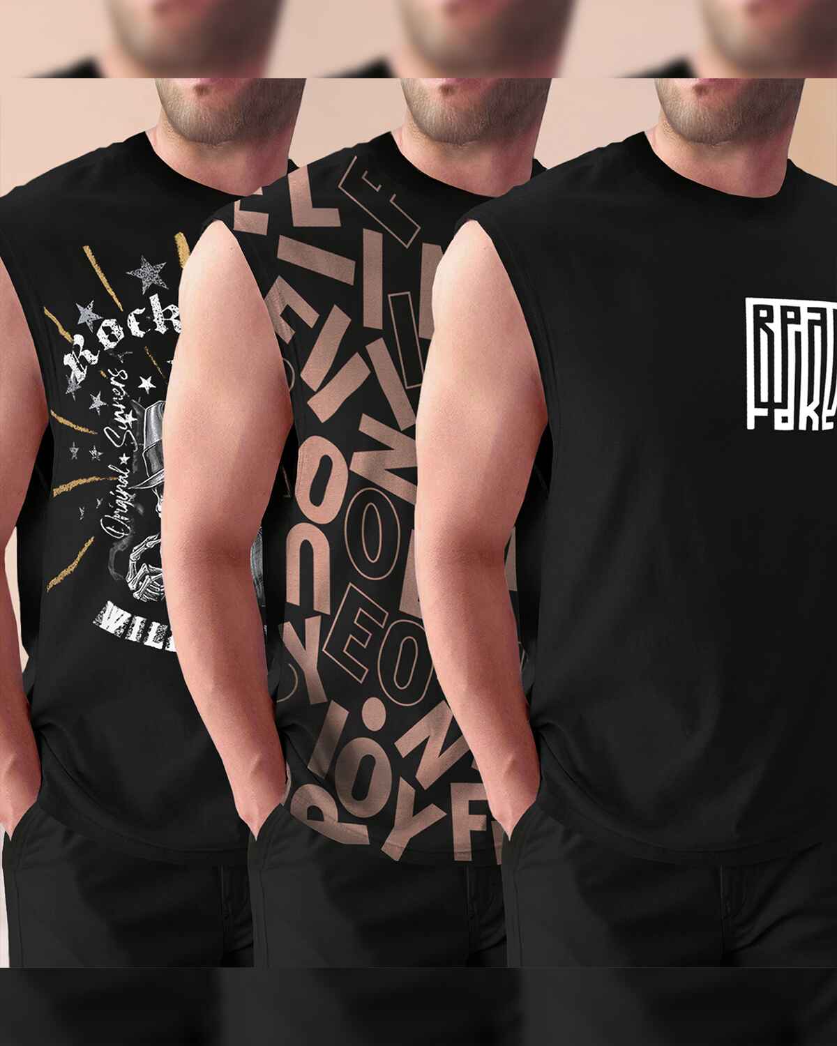 Pack Of 3 Men Typography Printed Round Neck Black Vests