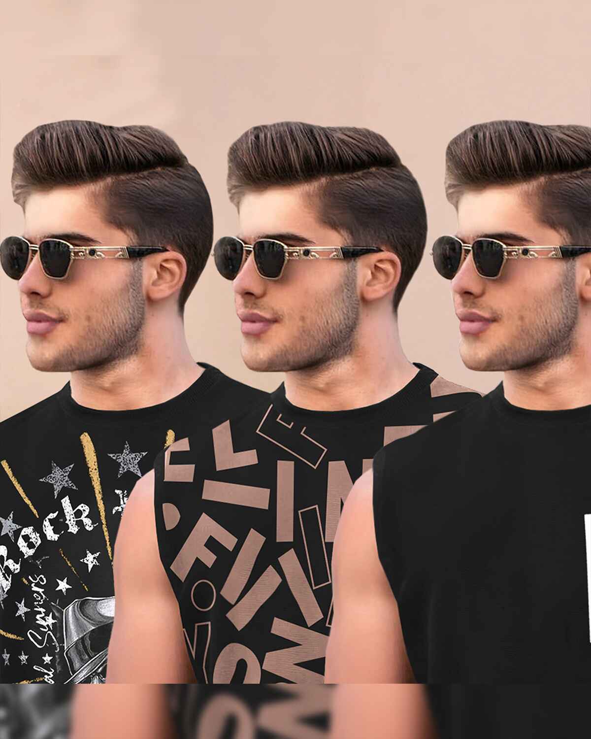 Pack Of 3 Men Typography Printed Round Neck Black Vests