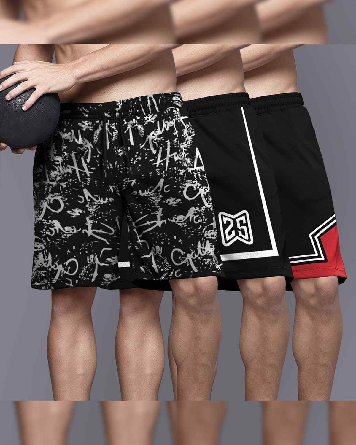 (Pack Of 3) Men Printed & Colorblocked Black Shorts