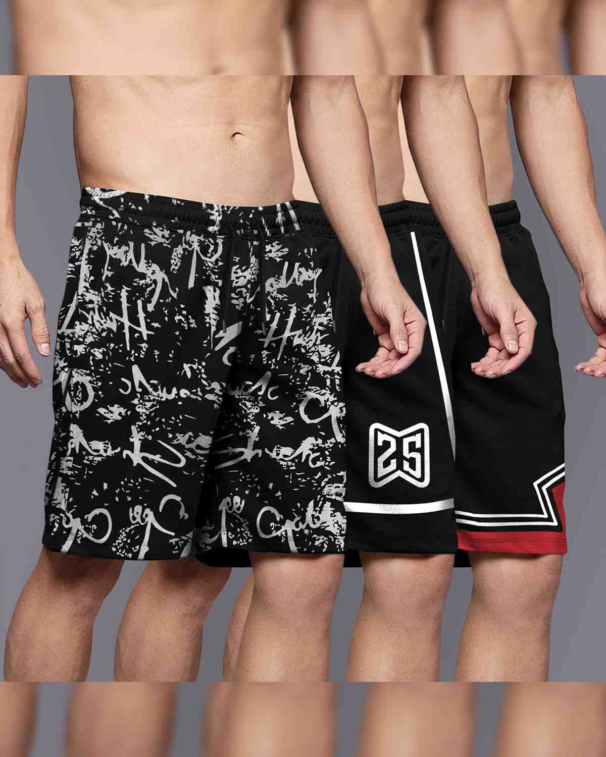 (Pack Of 3) Men Printed & Colorblocked Black Shorts