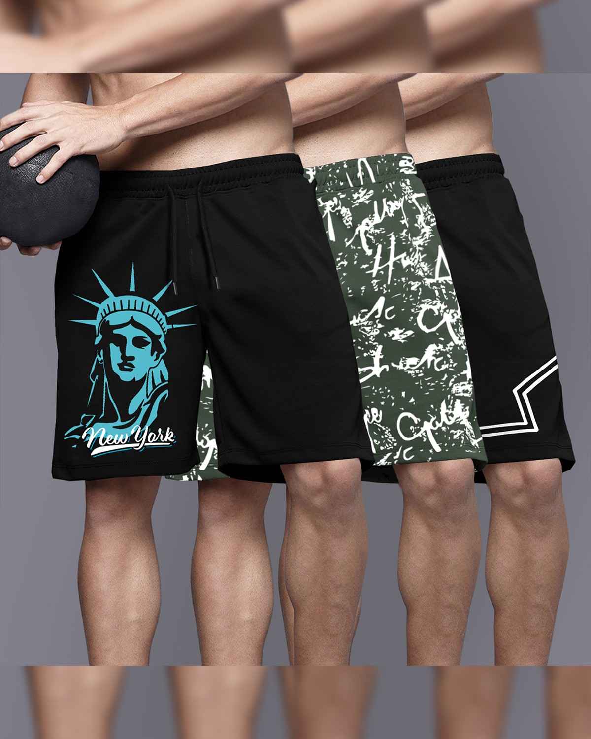 (Pack Of 3) Men Printed Black & Olivegreen Shorts