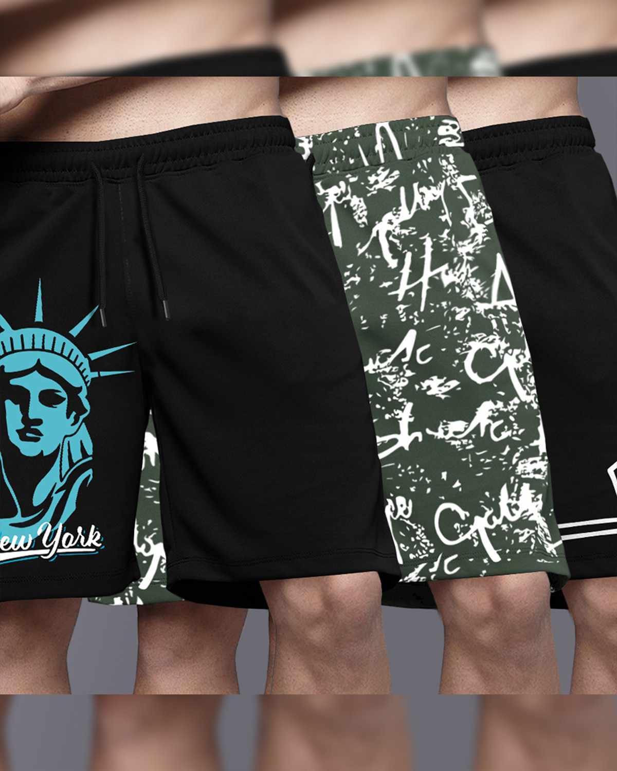 (Pack Of 3) Men Printed Black & Olivegreen Shorts