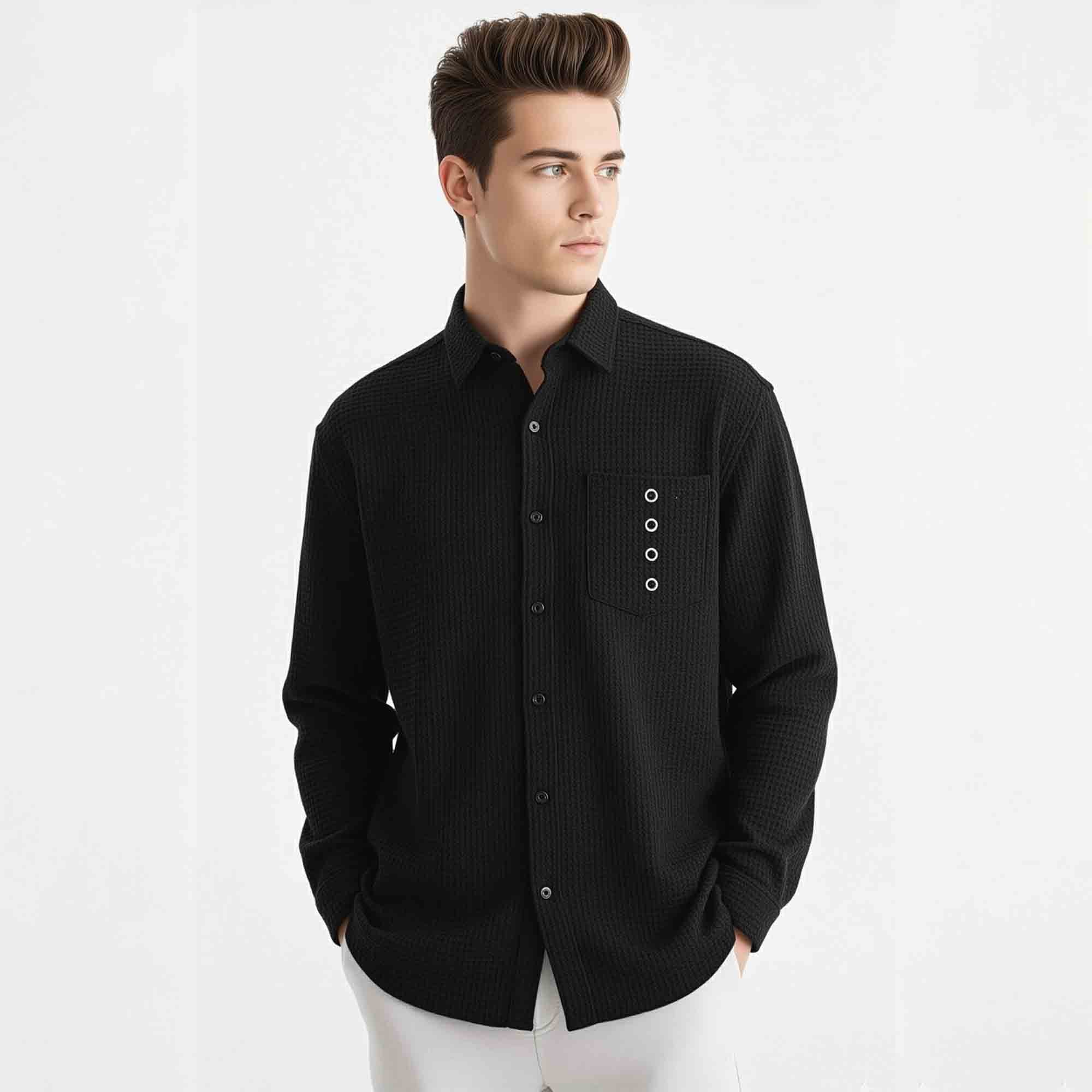 Mens Textured Pattren Full Sleeve Plain Black Shirt