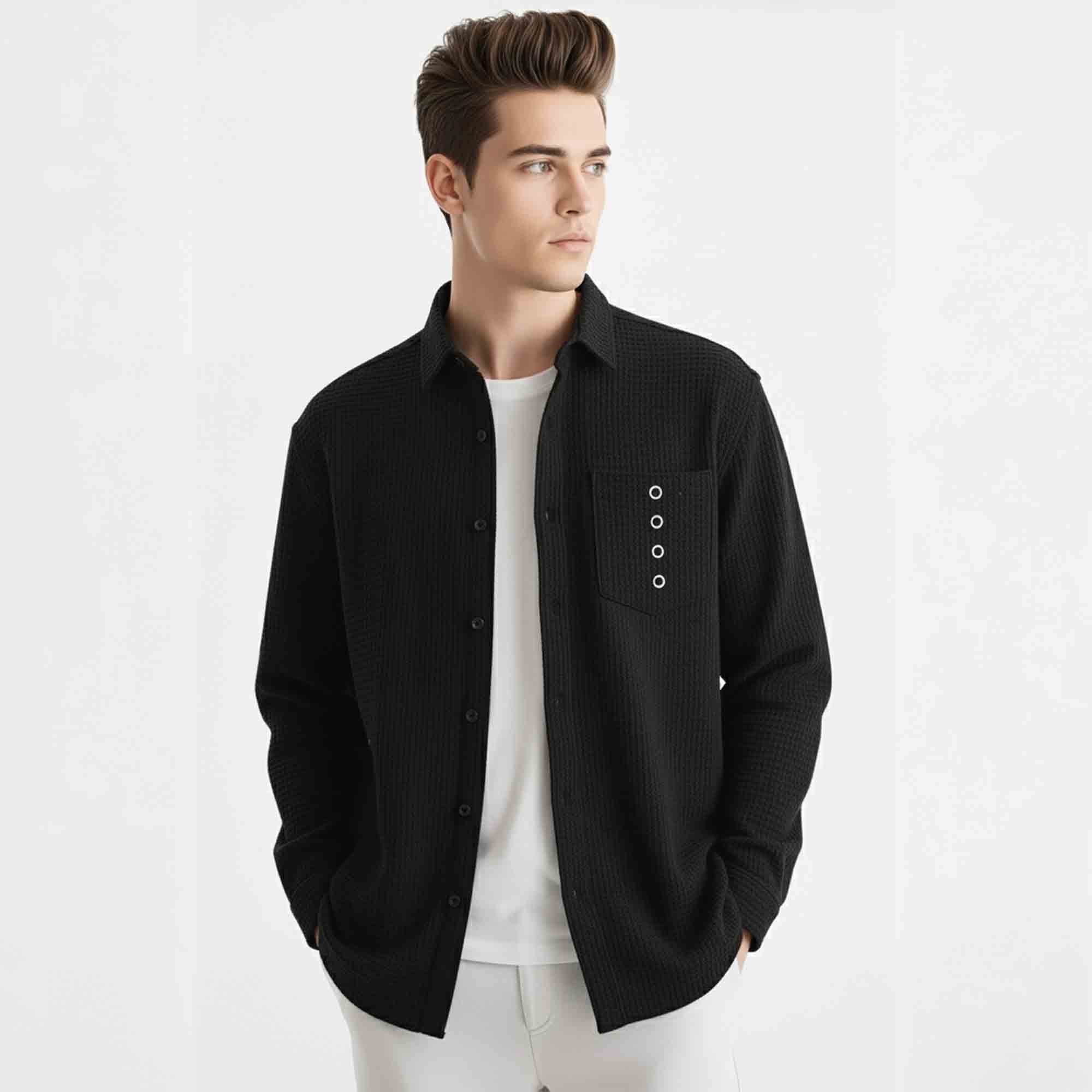 Mens Textured Pattren Full Sleeve Plain Black Shirt