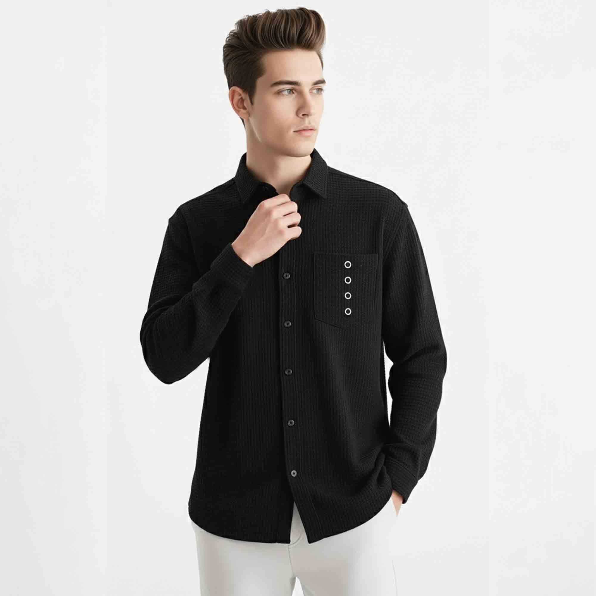 Mens Textured Pattren Full Sleeve Plain Black Shirt