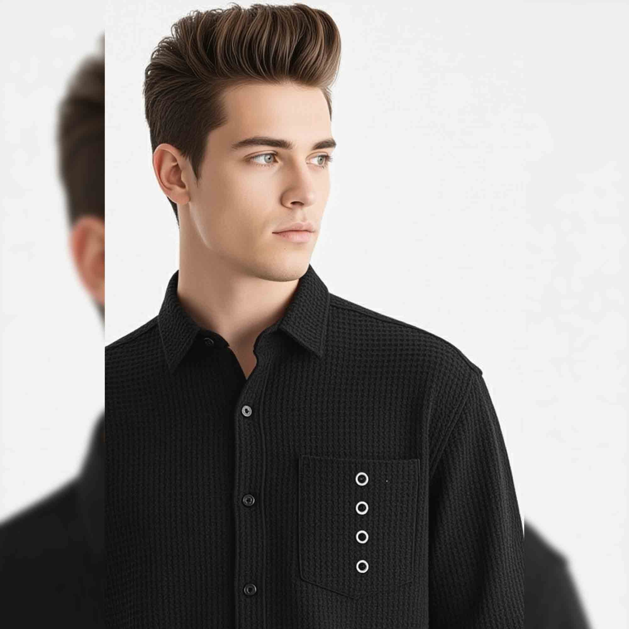 Mens Textured Pattren Full Sleeve Plain Black Shirt