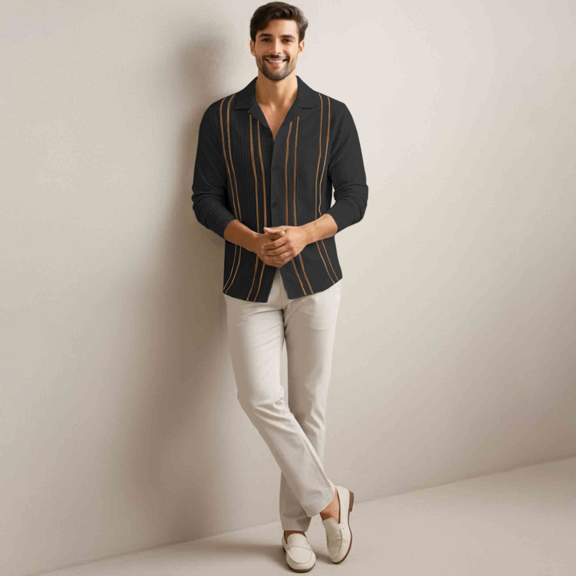 Men Smart Casual Full Sleeve Textured Pattern Vertical Stripes Black Shirt