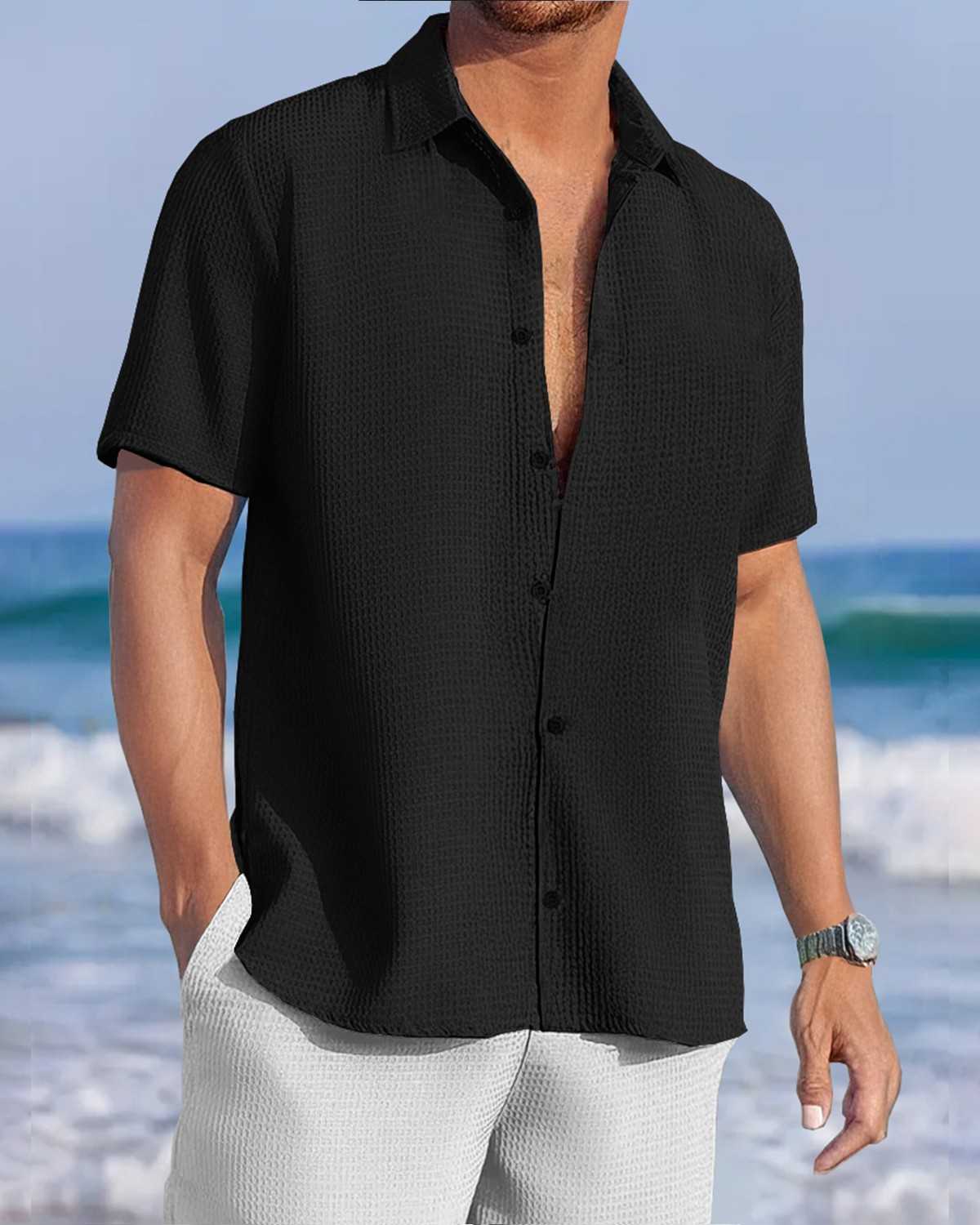 Men Half Sleeve Waffle Shirt / Black