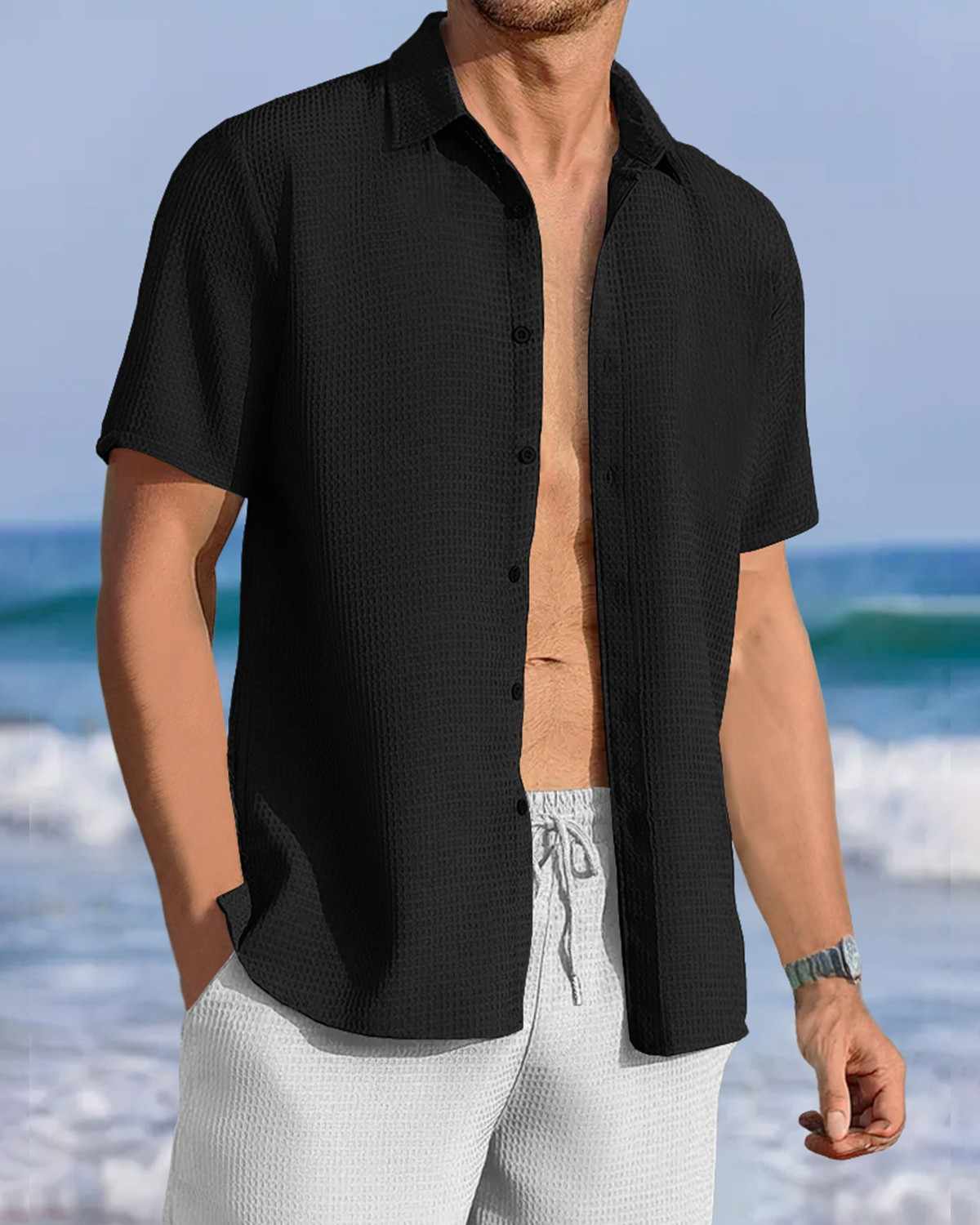 Men Half Sleeve Waffle Shirt / Black