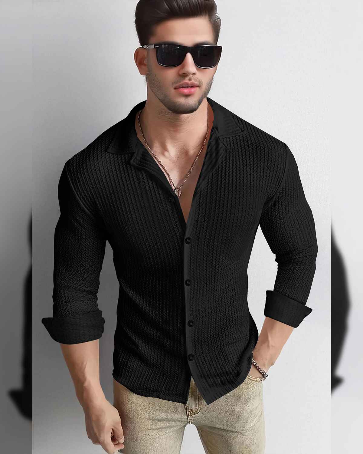 Men Full Sleeve Black Solid Color Waffle Textured Shirt