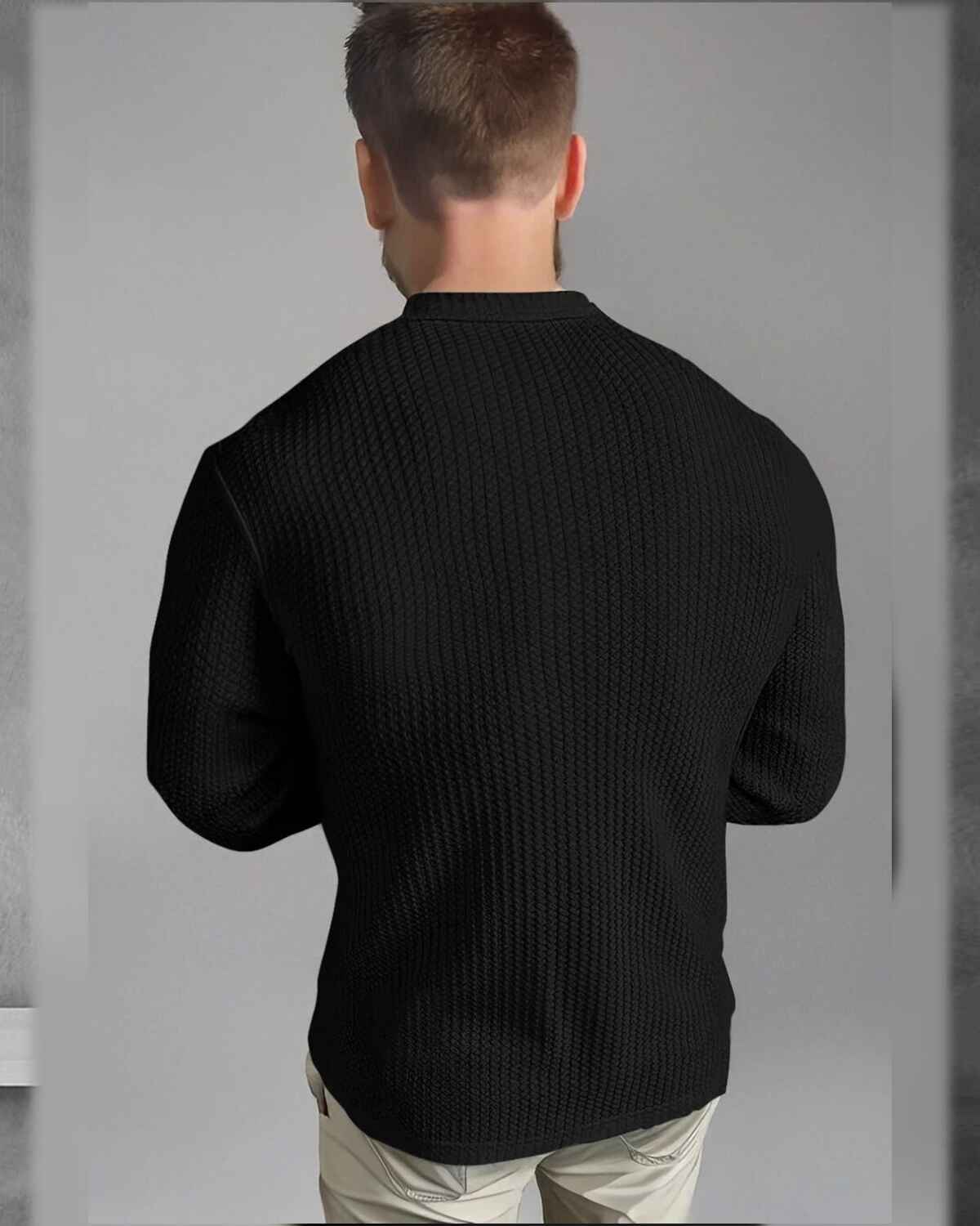 Men Full Sleeve Black Solid Color Waffle Textured Shirt