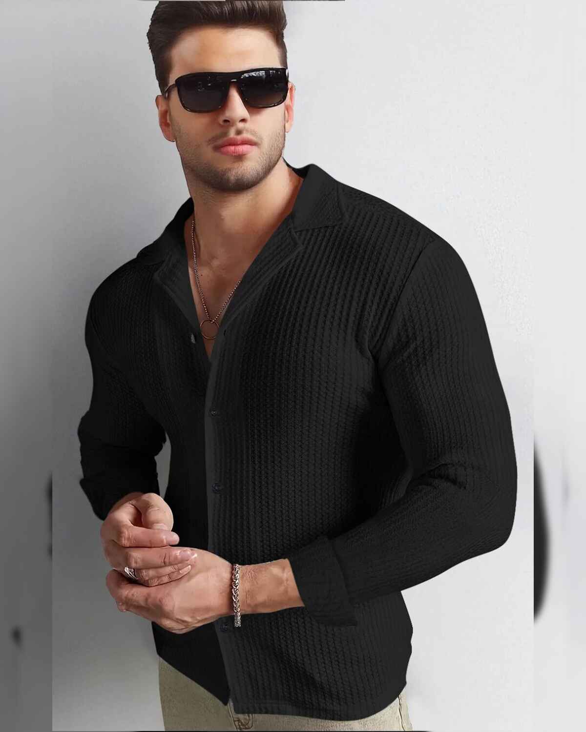 Men Full Sleeve Black Solid Color Waffle Textured Shirt