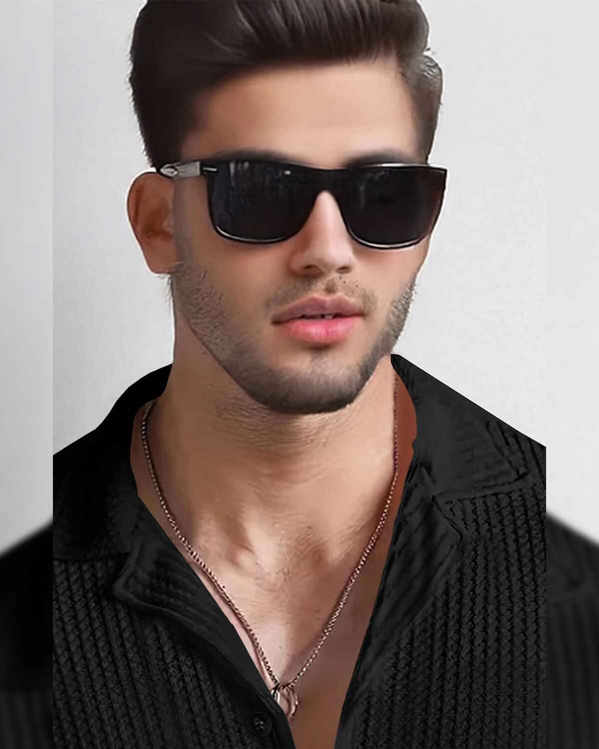 Men Full Sleeve Black Solid Color Waffle Textured Shirt