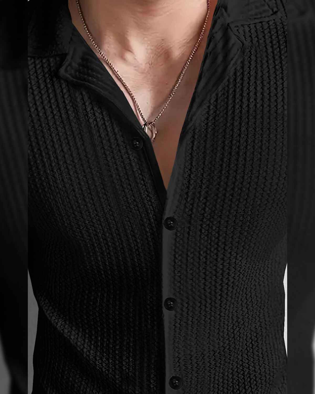 Men Full Sleeve Black Solid Color Waffle Textured Shirt