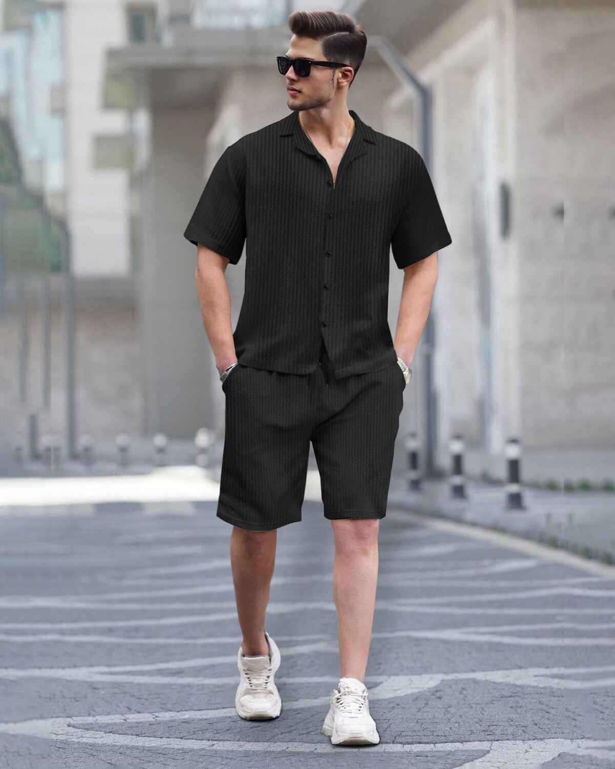 WAFFLE PLAIN TEXTURED BLACK SHIRT WITH SHORT TRACKSUIT