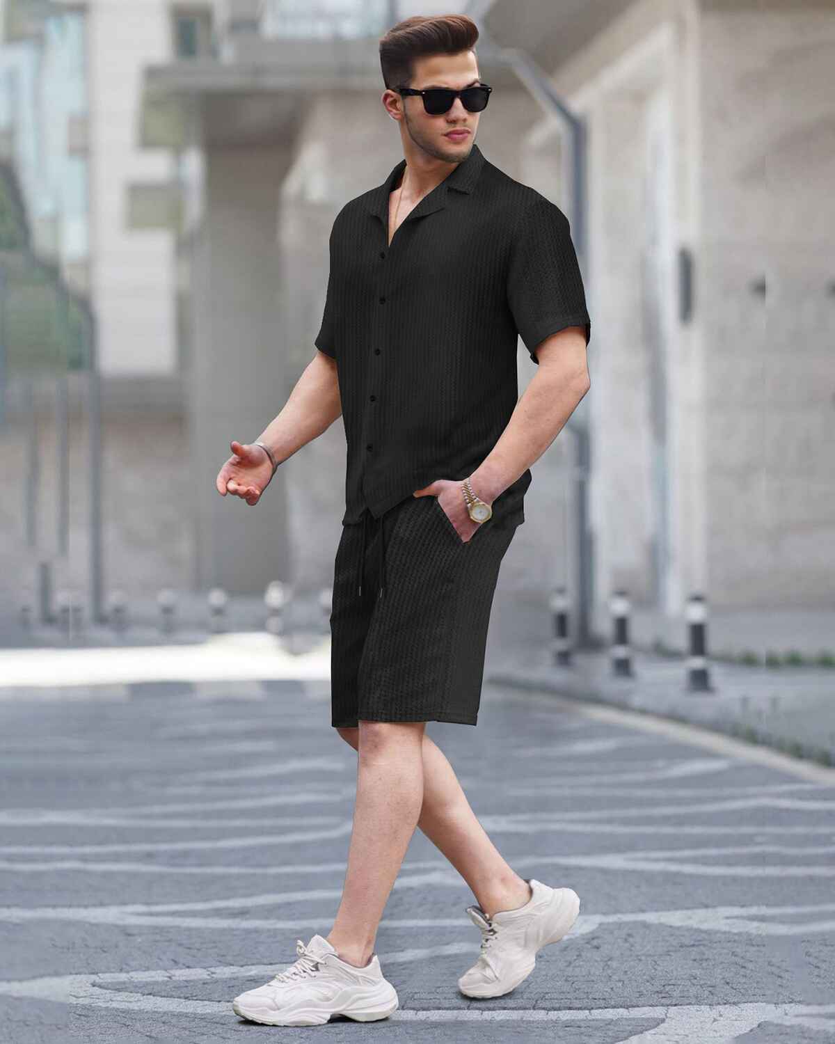 WAFFLE PLAIN TEXTURED BLACK SHIRT WITH SHORT TRACKSUIT