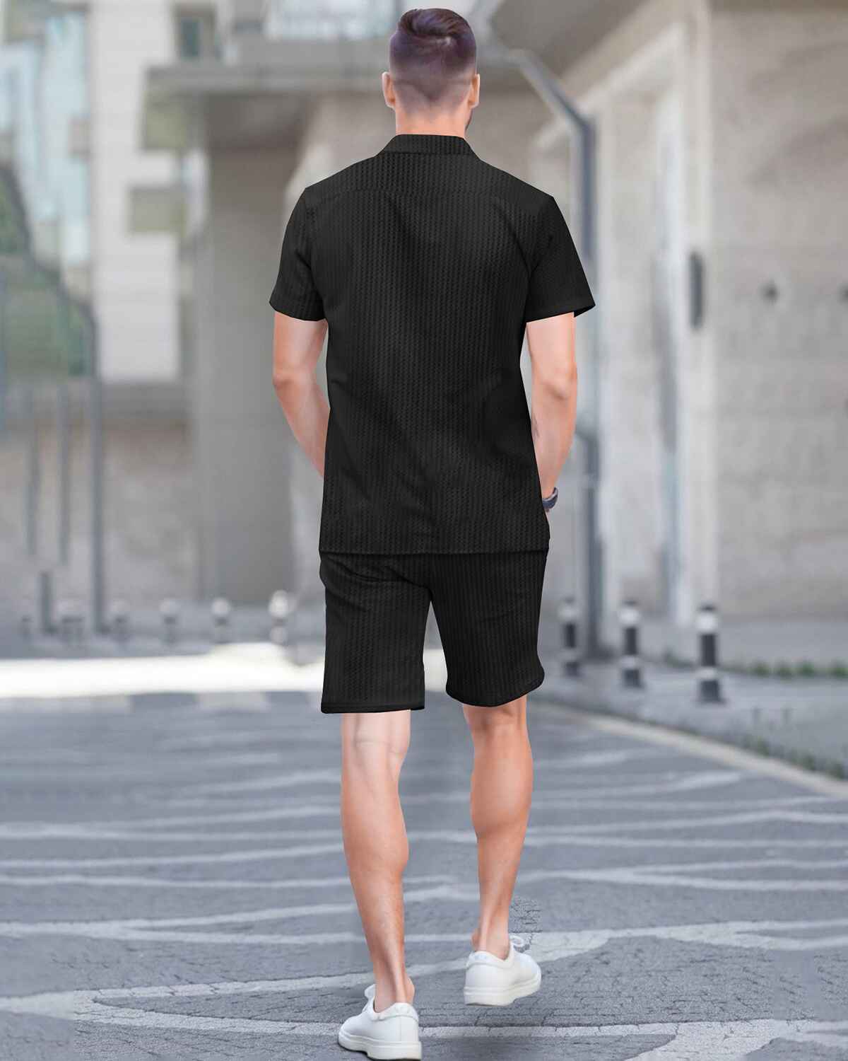 WAFFLE PLAIN TEXTURED BLACK SHIRT WITH SHORT TRACKSUIT