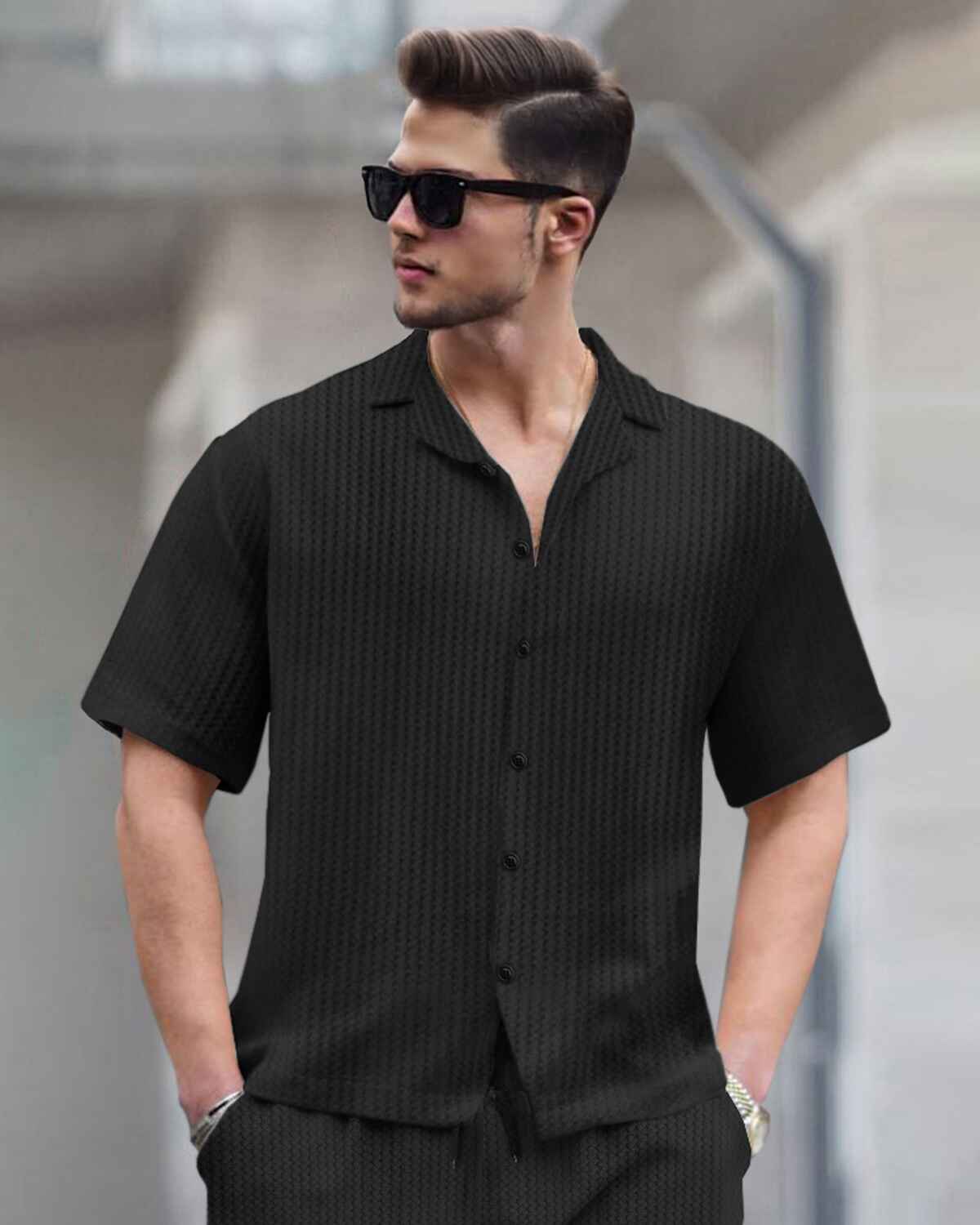 WAFFLE PLAIN TEXTURED BLACK SHIRT WITH SHORT TRACKSUIT