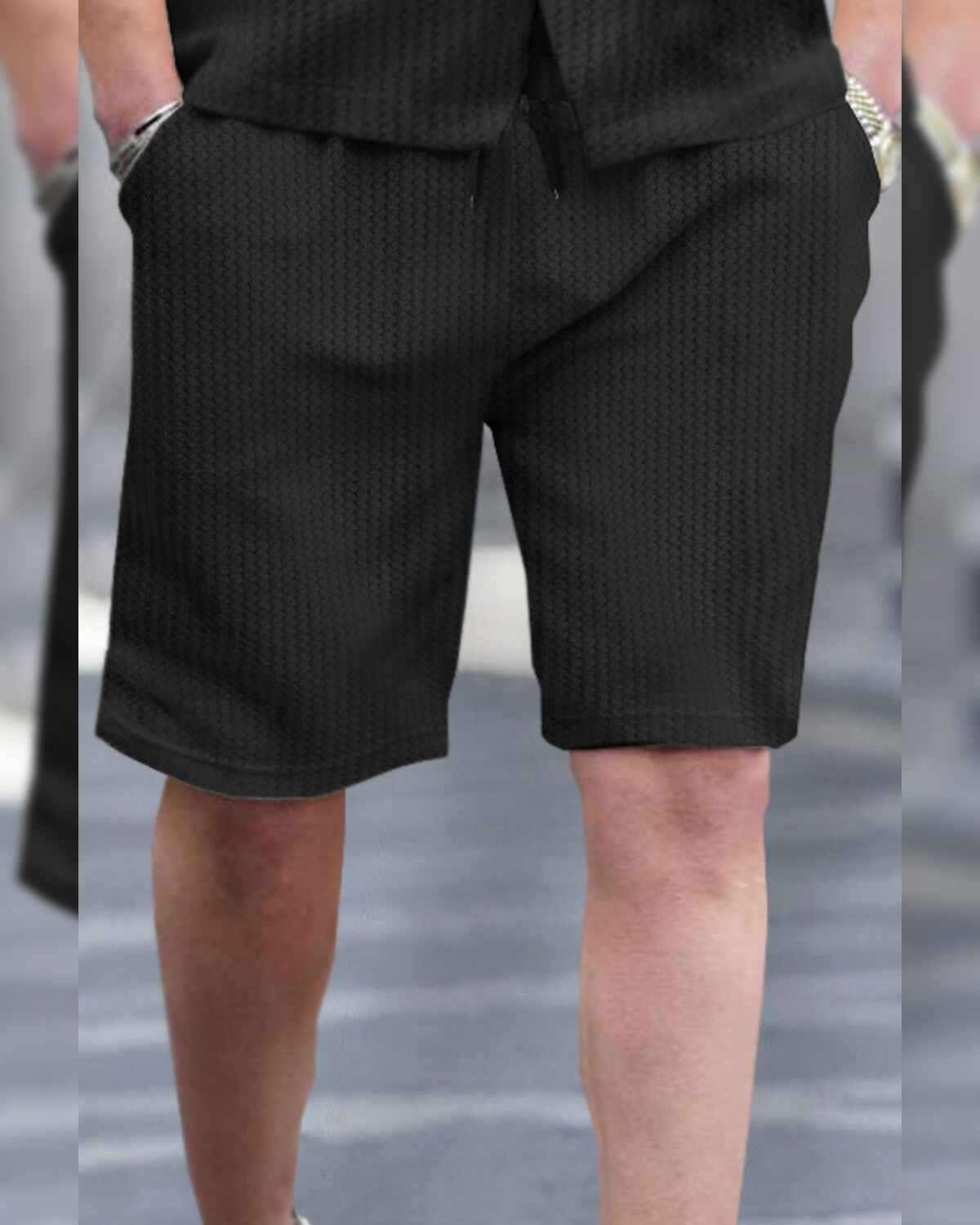 WAFFLE PLAIN TEXTURED BLACK SHIRT WITH SHORT TRACKSUIT