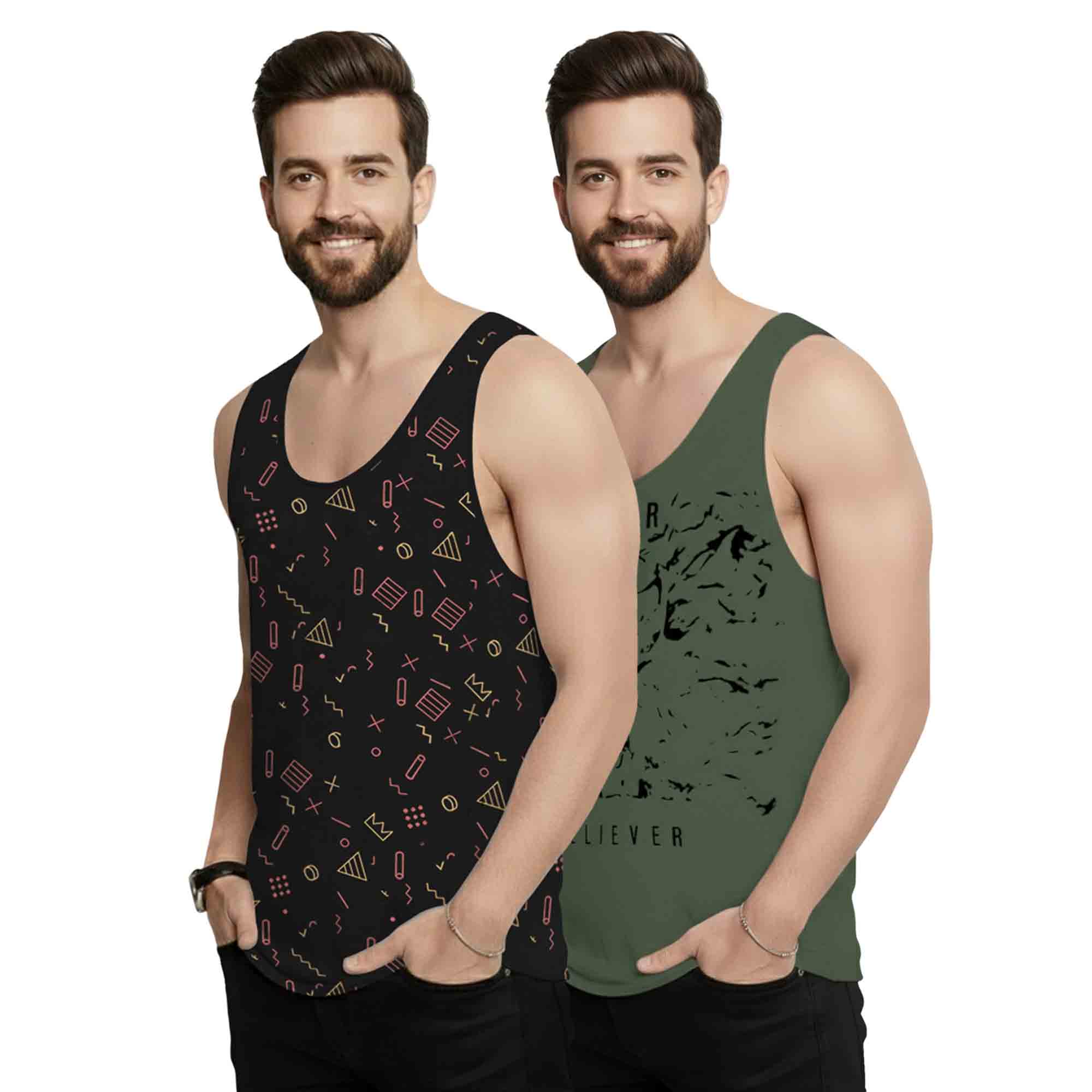 (Pack Of 2) Men Printed Vest Black & Olivegreen