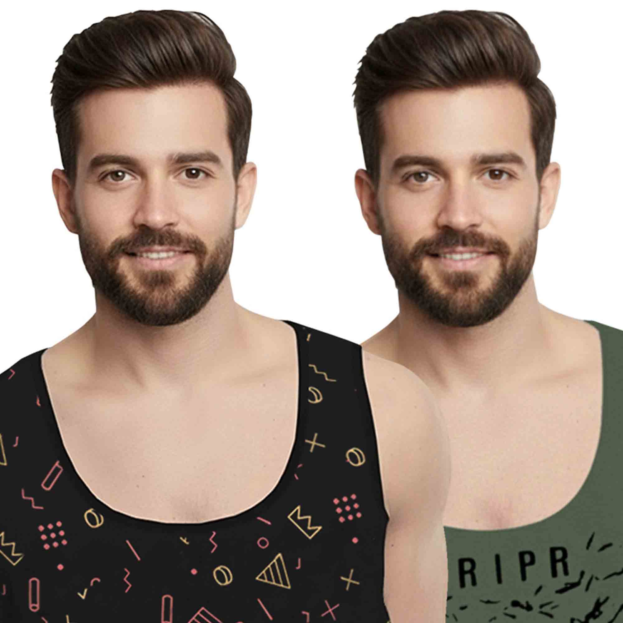 (Pack Of 2) Men Printed Vest Black & Olivegreen