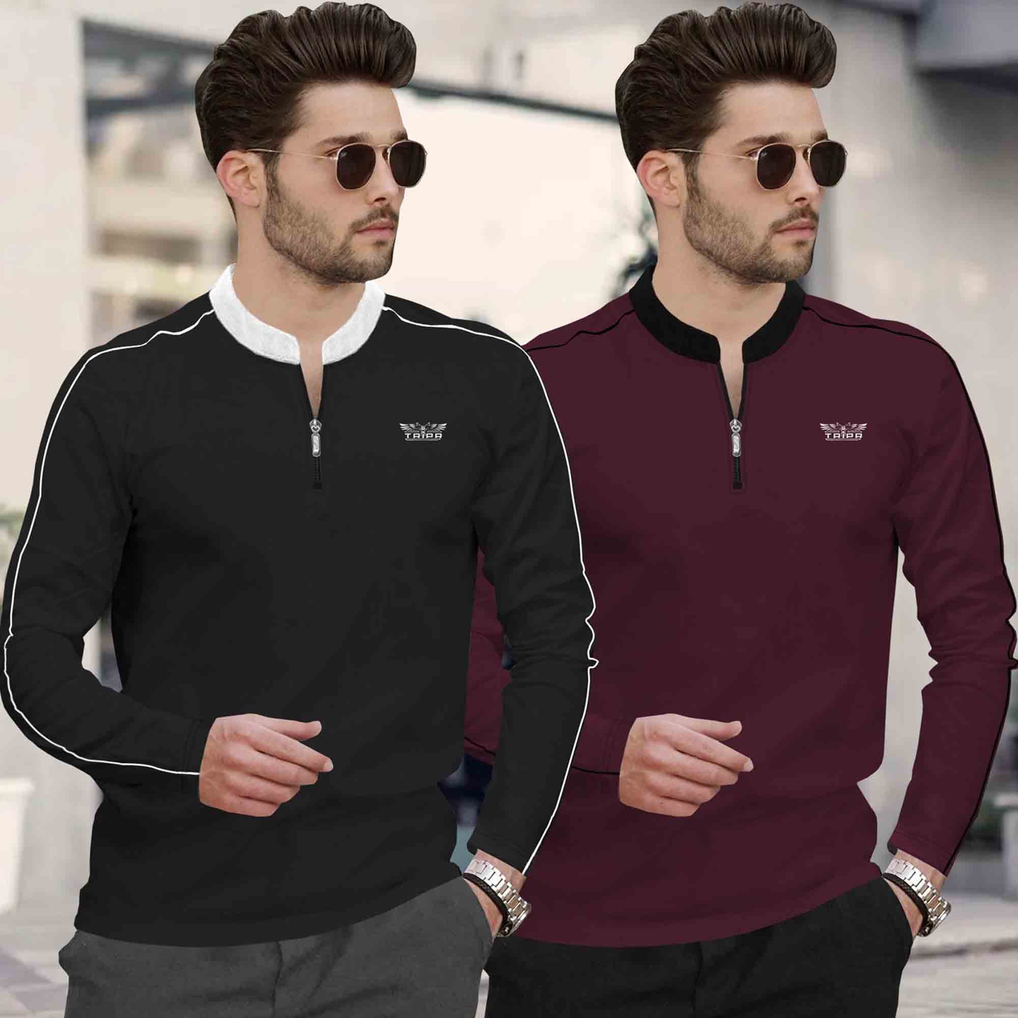 (Pack Of 2) Mandarin Neck Full Sleeve Multicolor Tshirts- 10 Variants