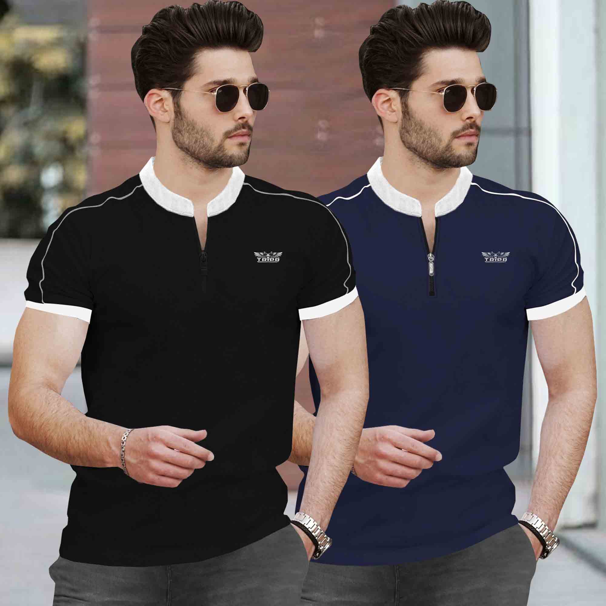 Mandarin Neck Half Sleeve Multicolor (Pack Of 2) T-shirts-12 Variants