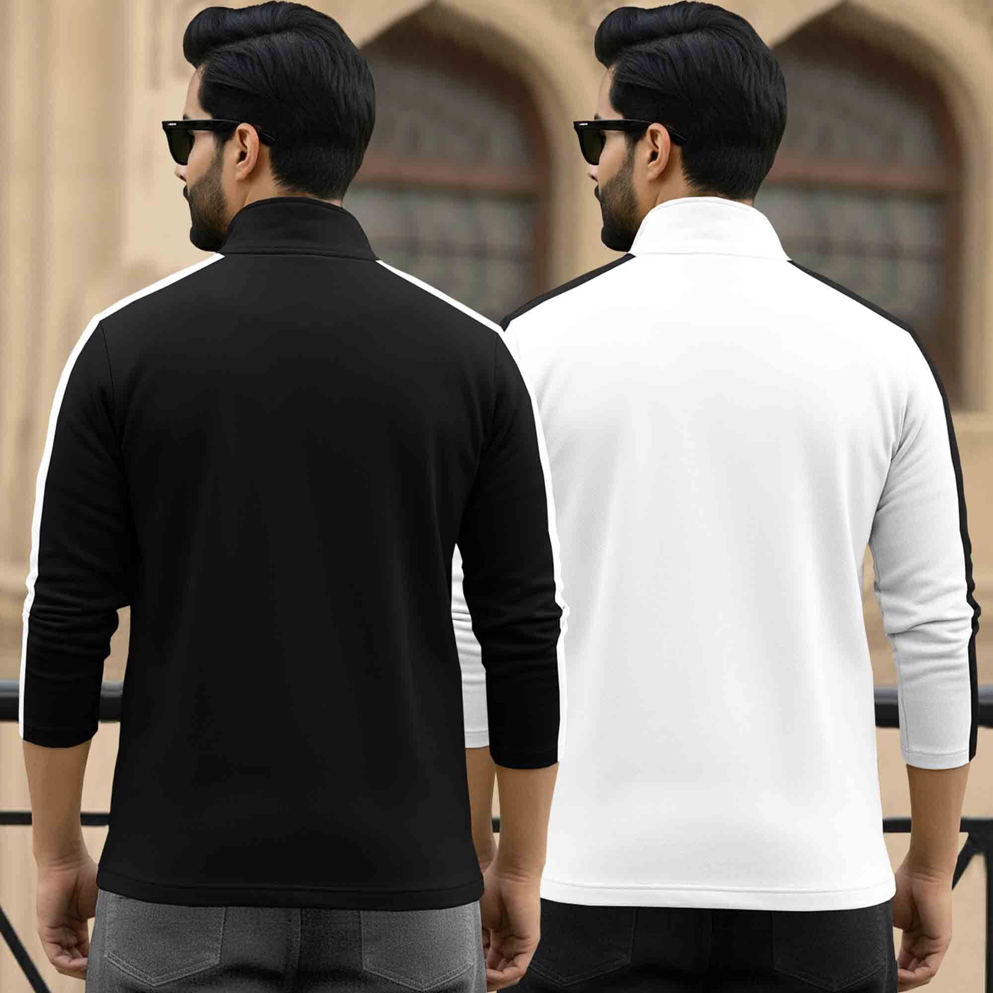 (Pack Of 2) Full Sleeve High Neck Quarter Zip Neck T-shirts Black & White