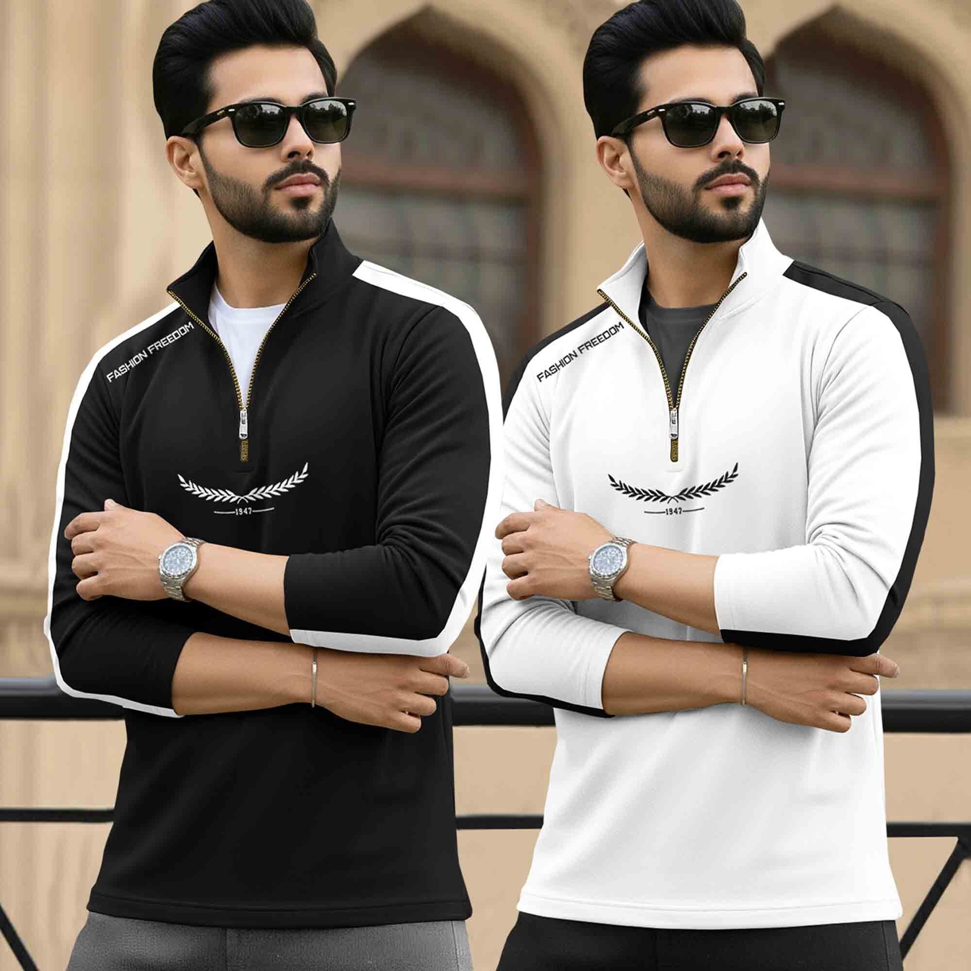 (Pack Of 2) Full Sleeve High Neck Quarter Zip Neck T-shirts Black & White