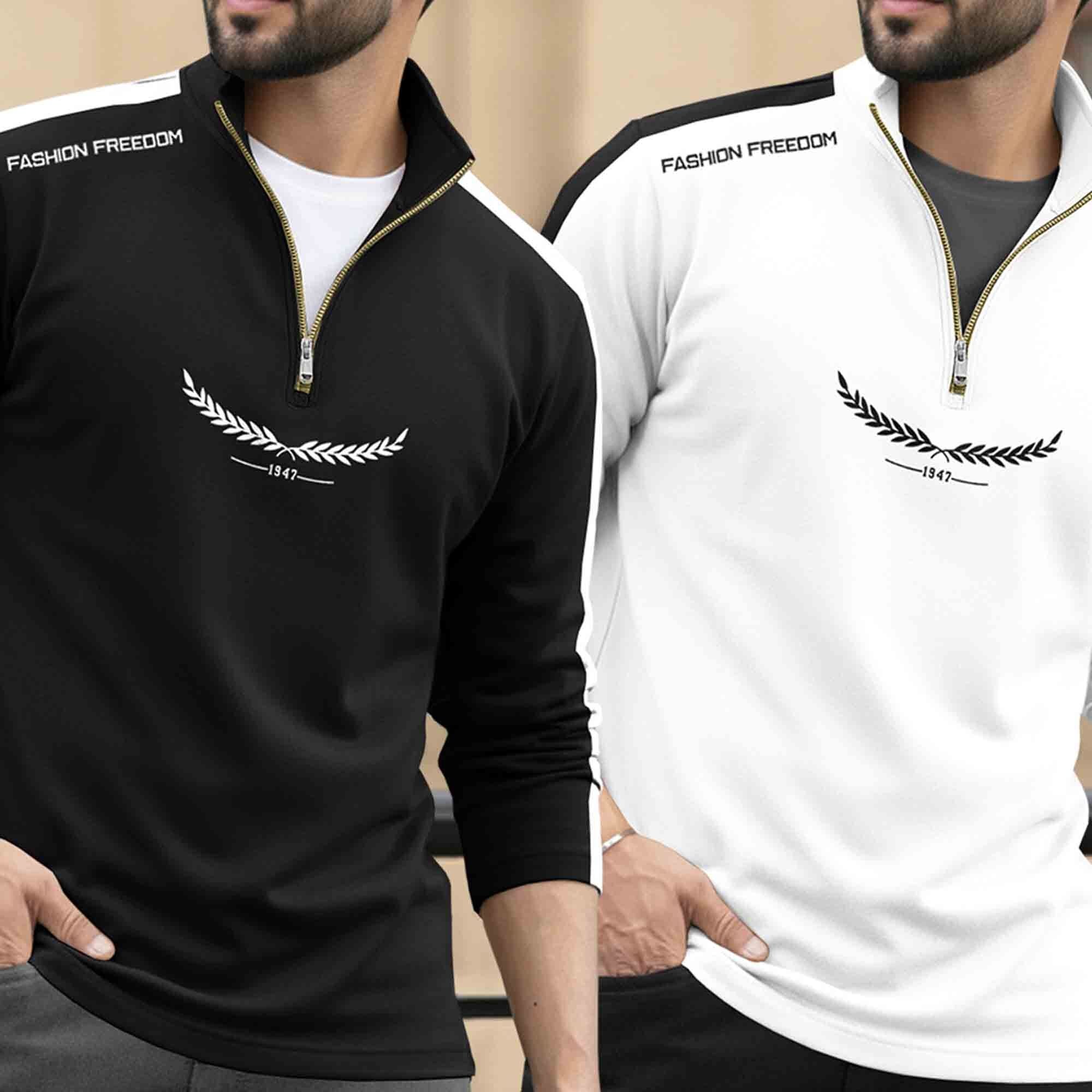 (Pack Of 2) Full Sleeve High Neck Quarter Zip Neck T-shirts Black & White