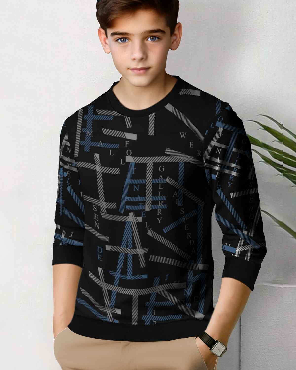 Boys Full Sleeve Black & White Printed T-shirt