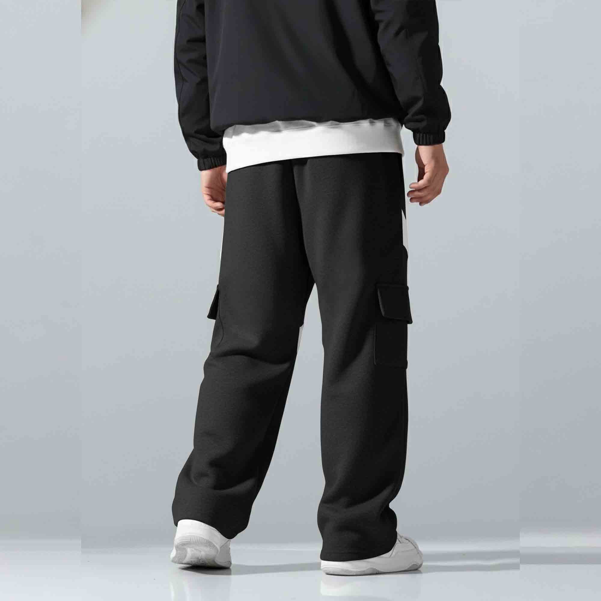 Multi Pockets Colorblocked Plain Baggy Cargo Black