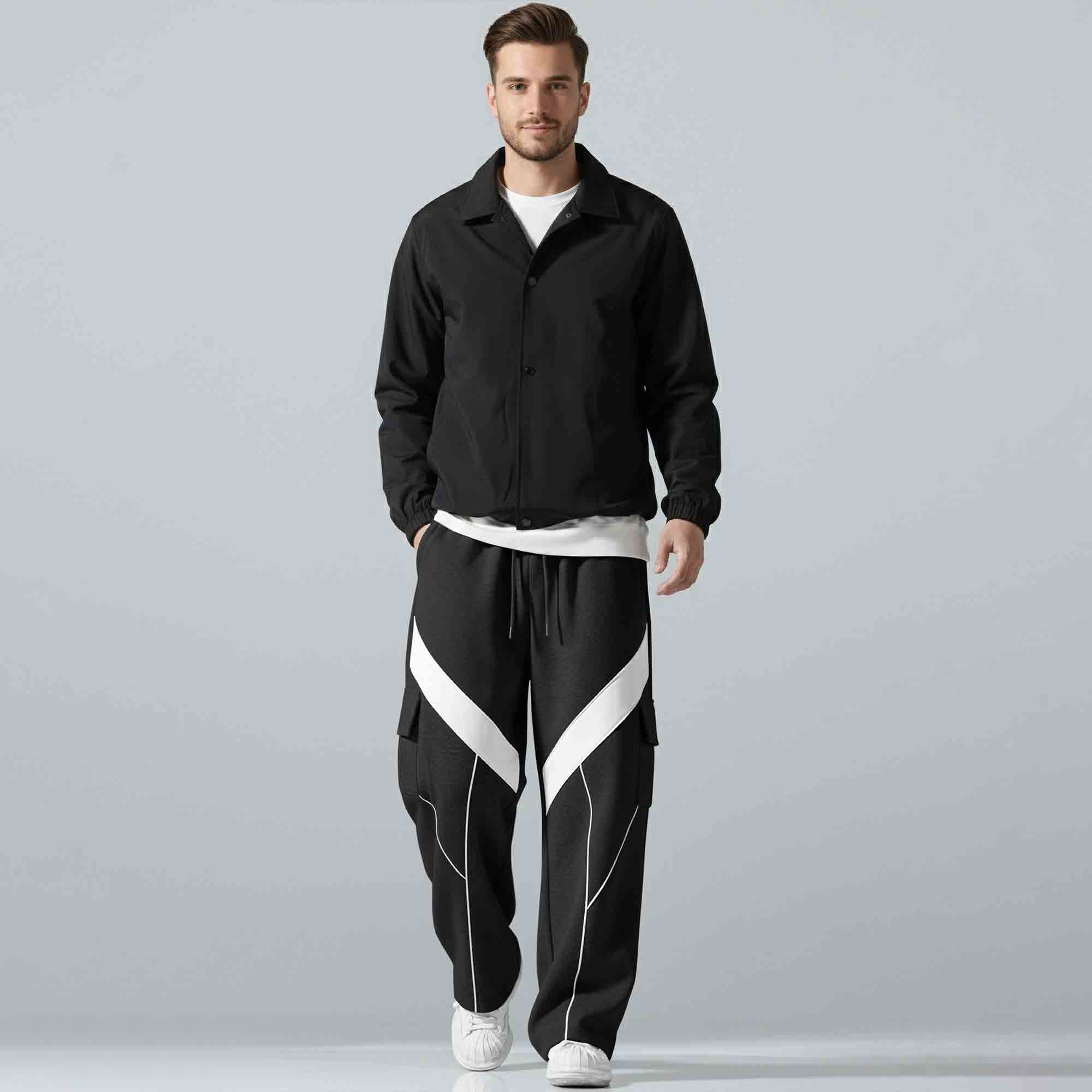 Multi Pockets Colorblocked Plain Baggy Cargo Black