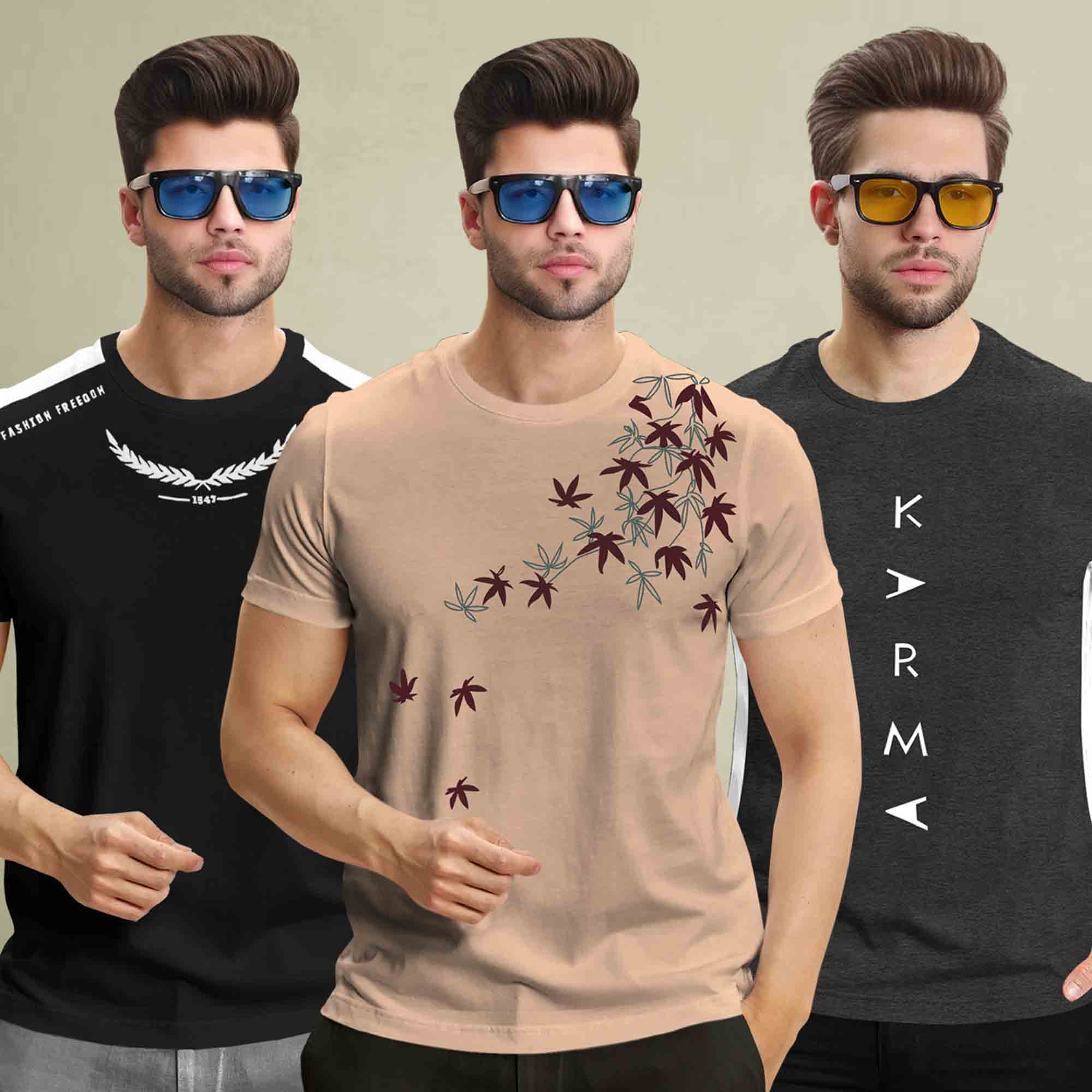 (Pack Of 3) Printed Half Sleeve Tshirts- 12 Variants