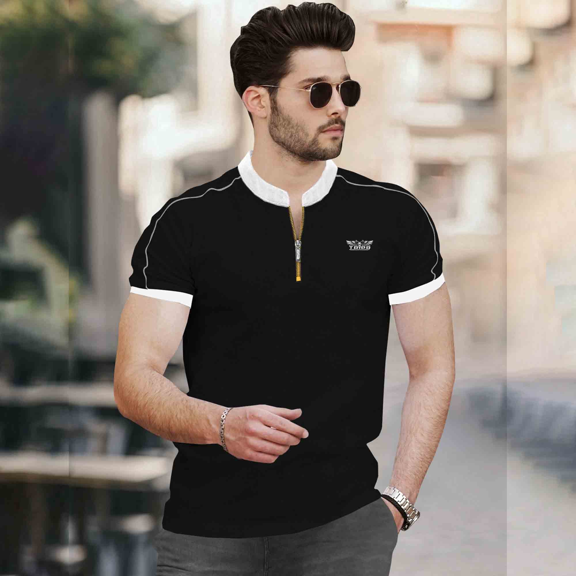 Mandarin Collar Quarter Zip Half Sleeve Tshirt Black