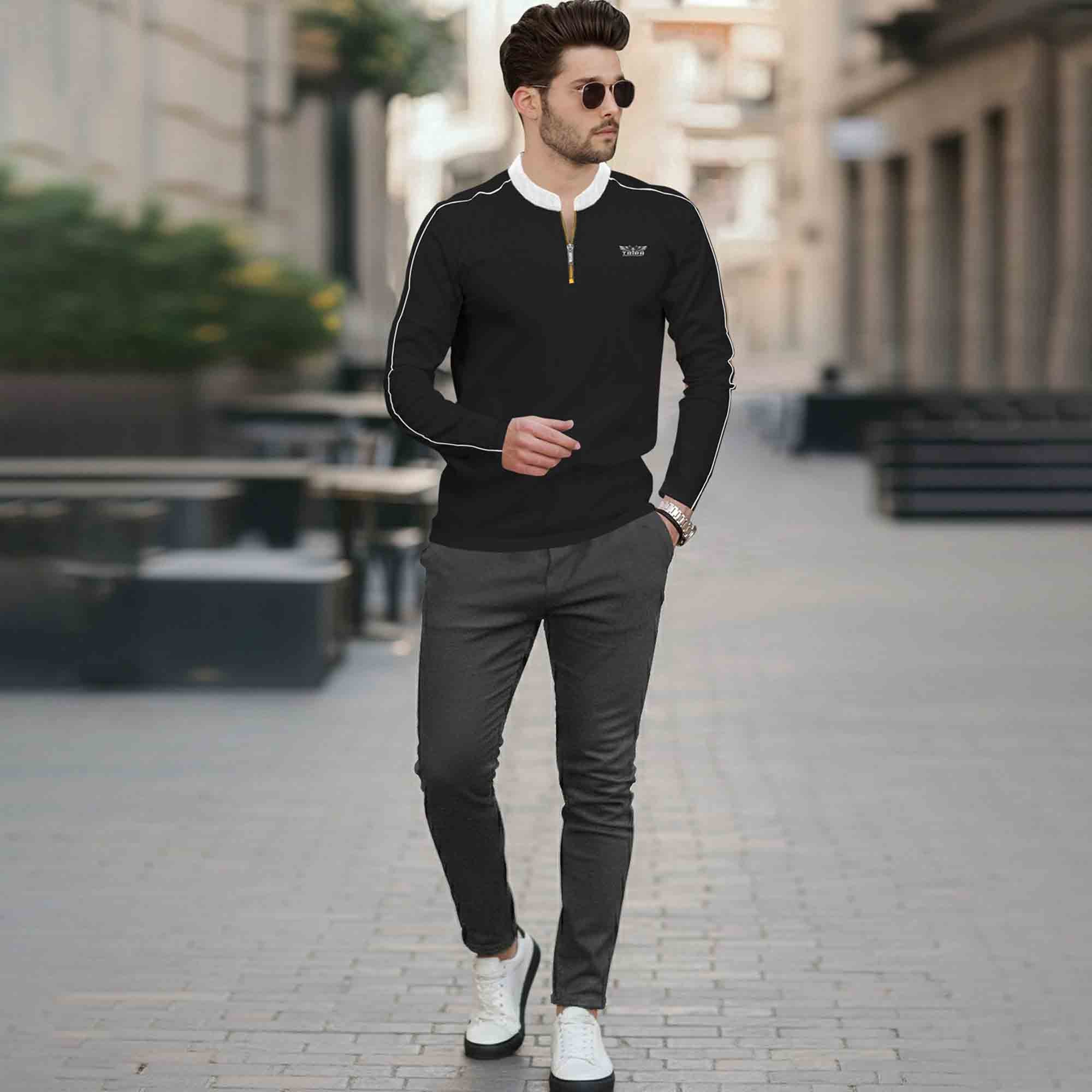 Mandarin Collar Quarter Zip Half Sleeve Tshirt Black