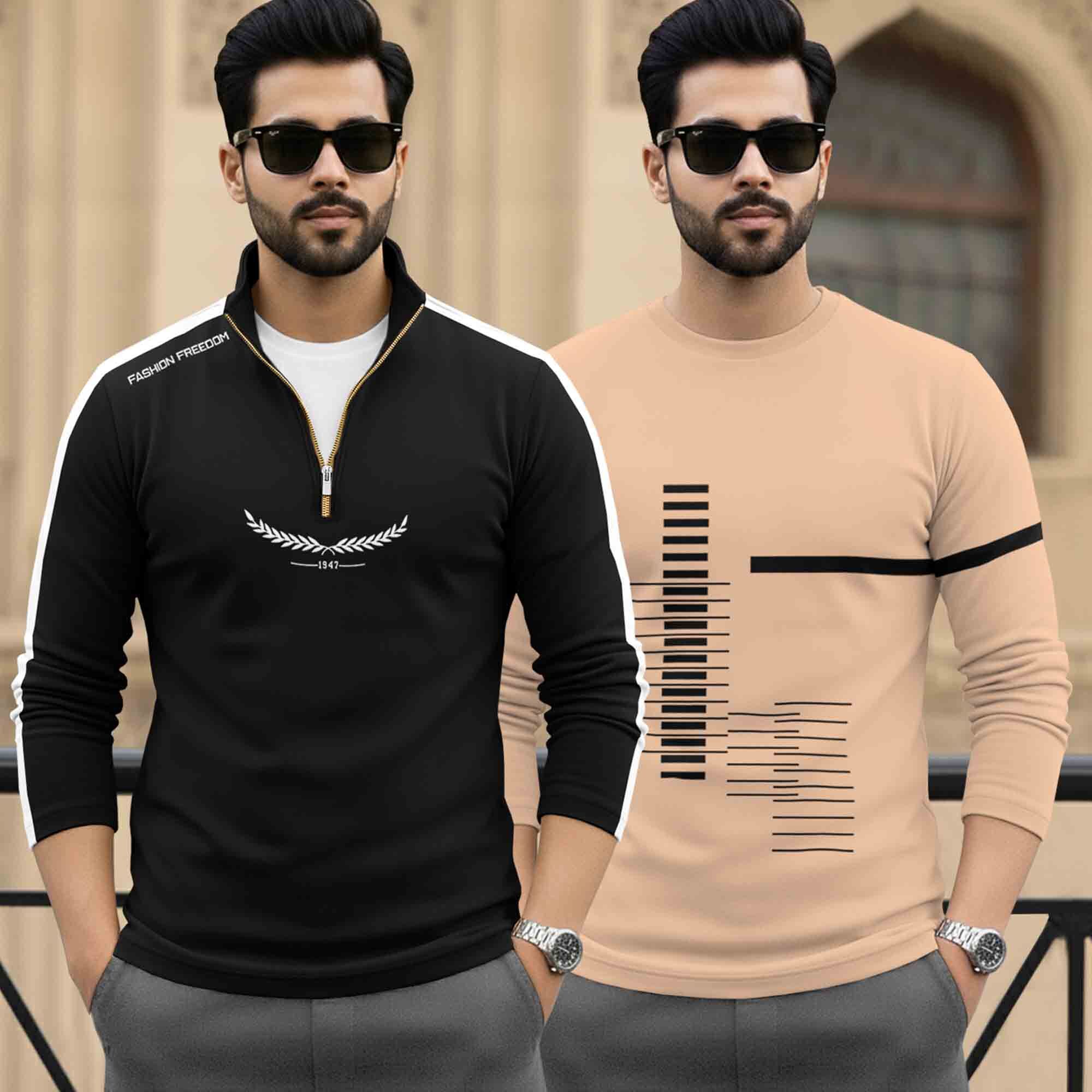 (Pack Of 2) Full Sleeve Printed T-shirts Black & Beige