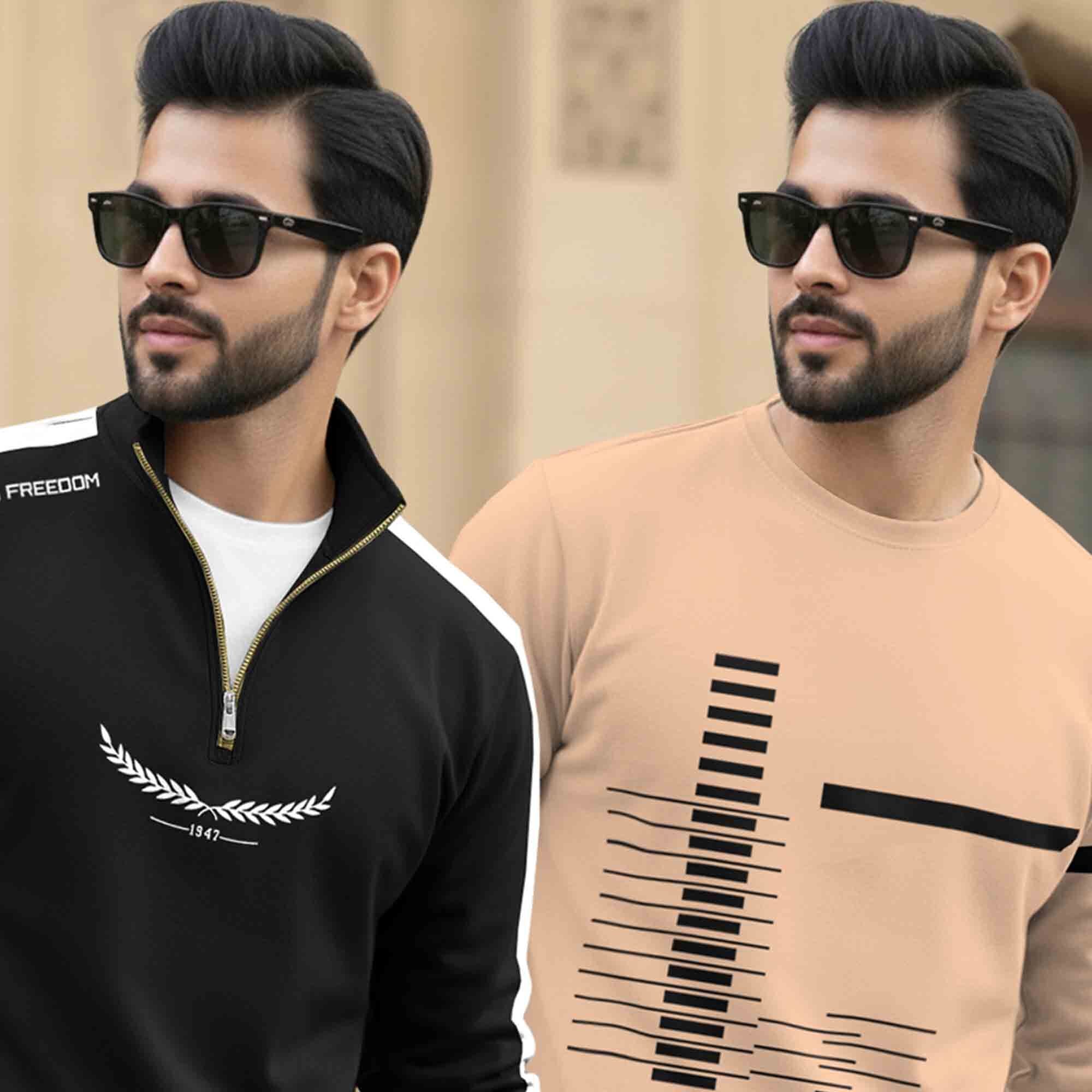 (Pack Of 2) Full Sleeve Printed T-shirts Black & Beige