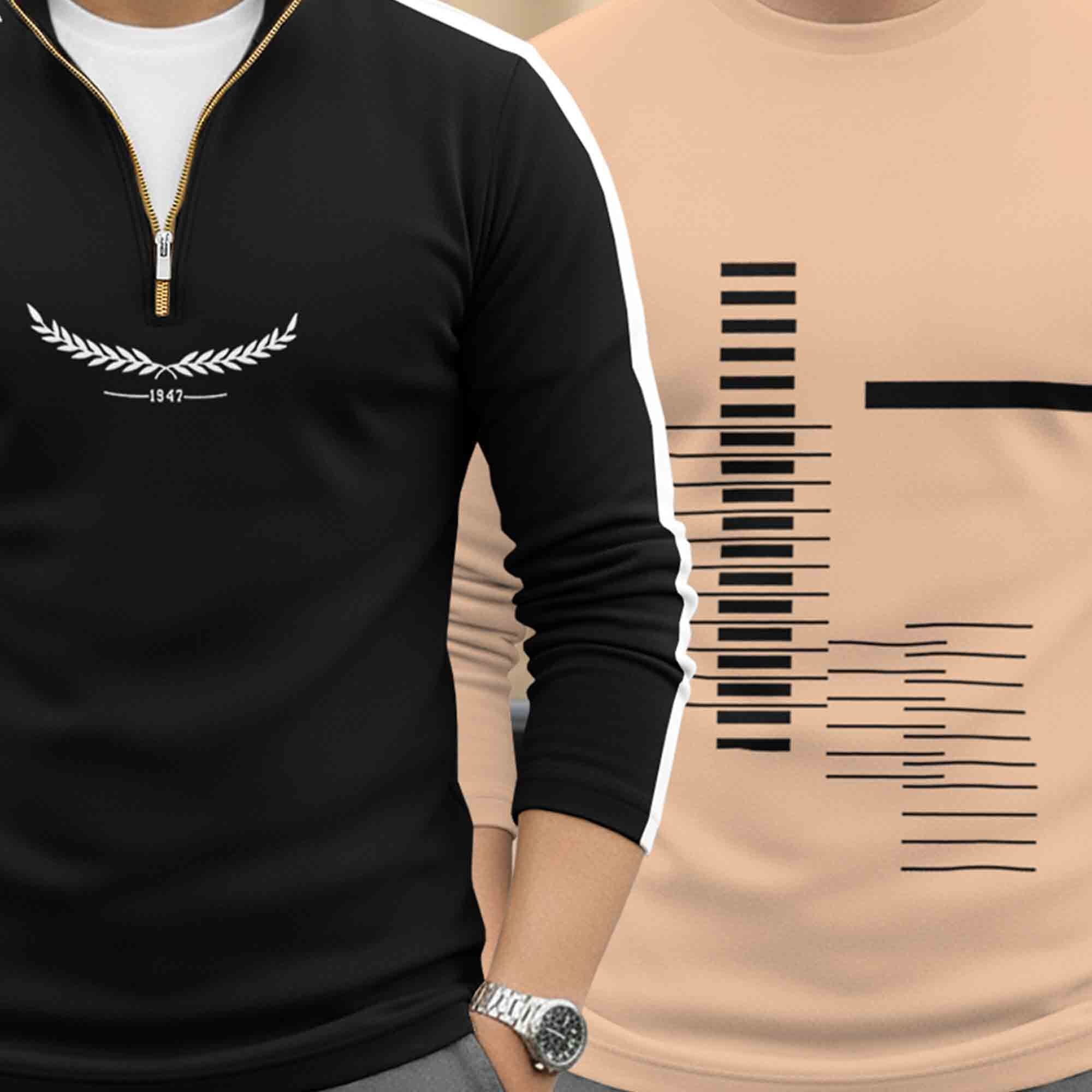 (Pack Of 2) Full Sleeve Printed T-shirts Black & Beige