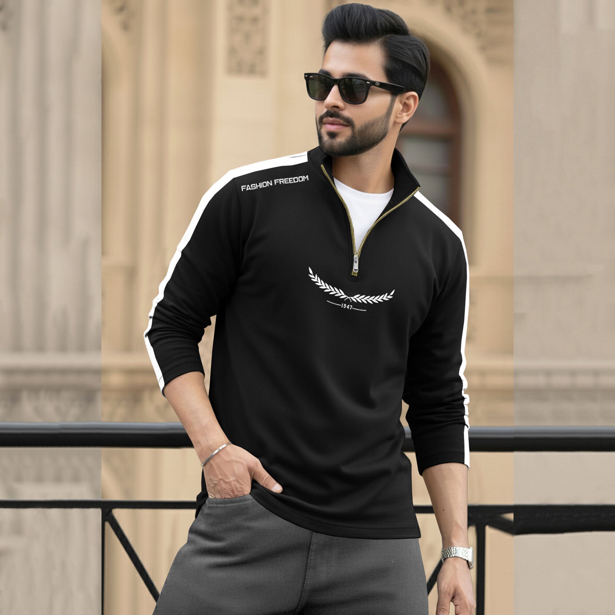 Men Full Sleeve Round Neck Cotton Blend Black-White T-Shirt