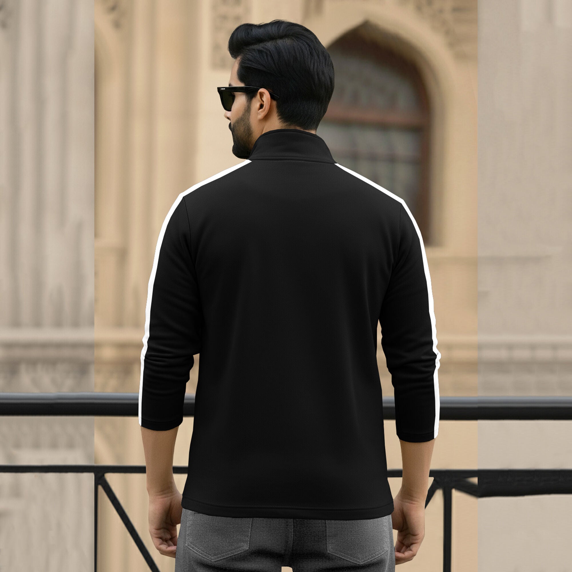 Men Full Sleeve Round Neck Cotton Blend Black-White T-Shirt