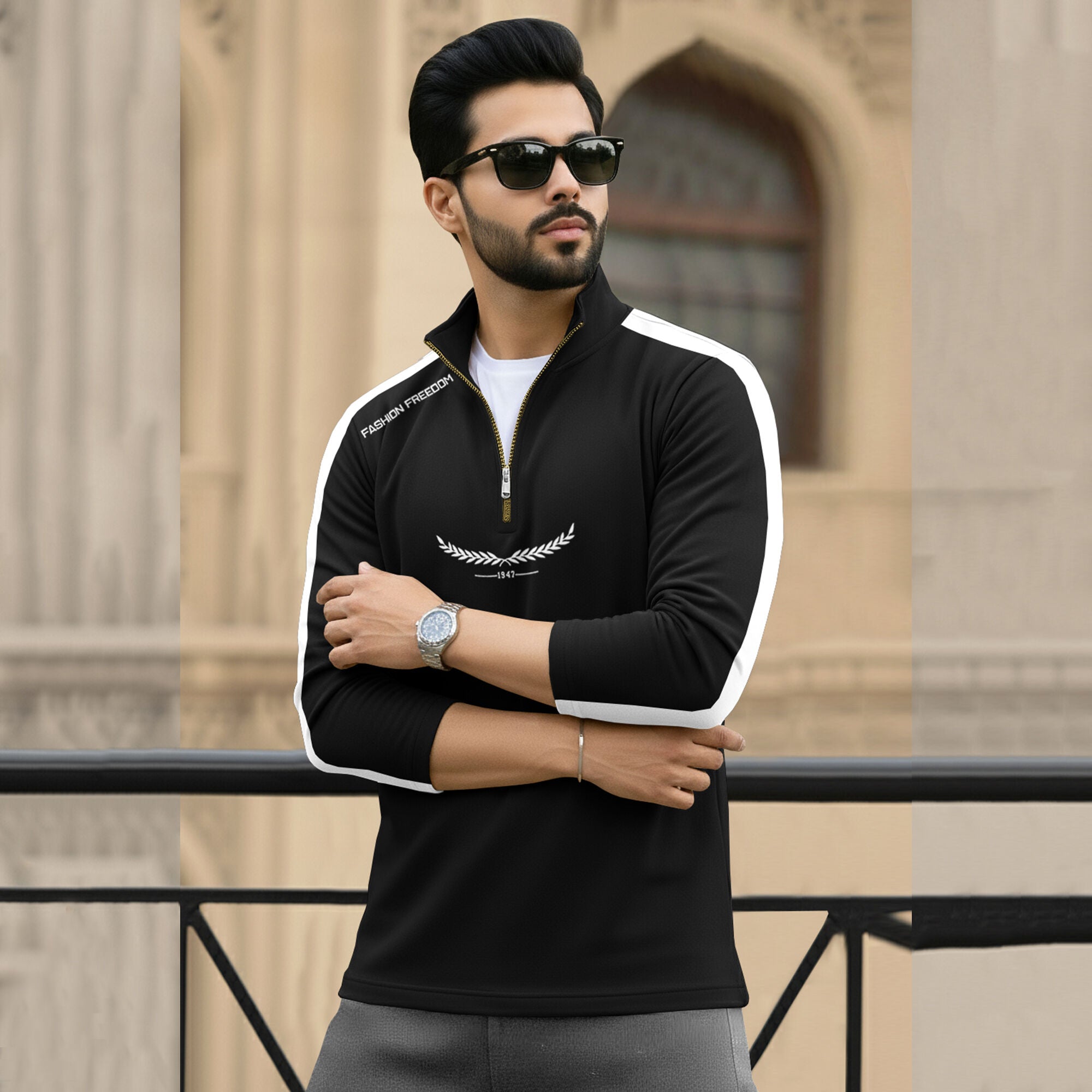 Men Full Sleeve Round Neck Cotton Blend Black-White T-Shirt