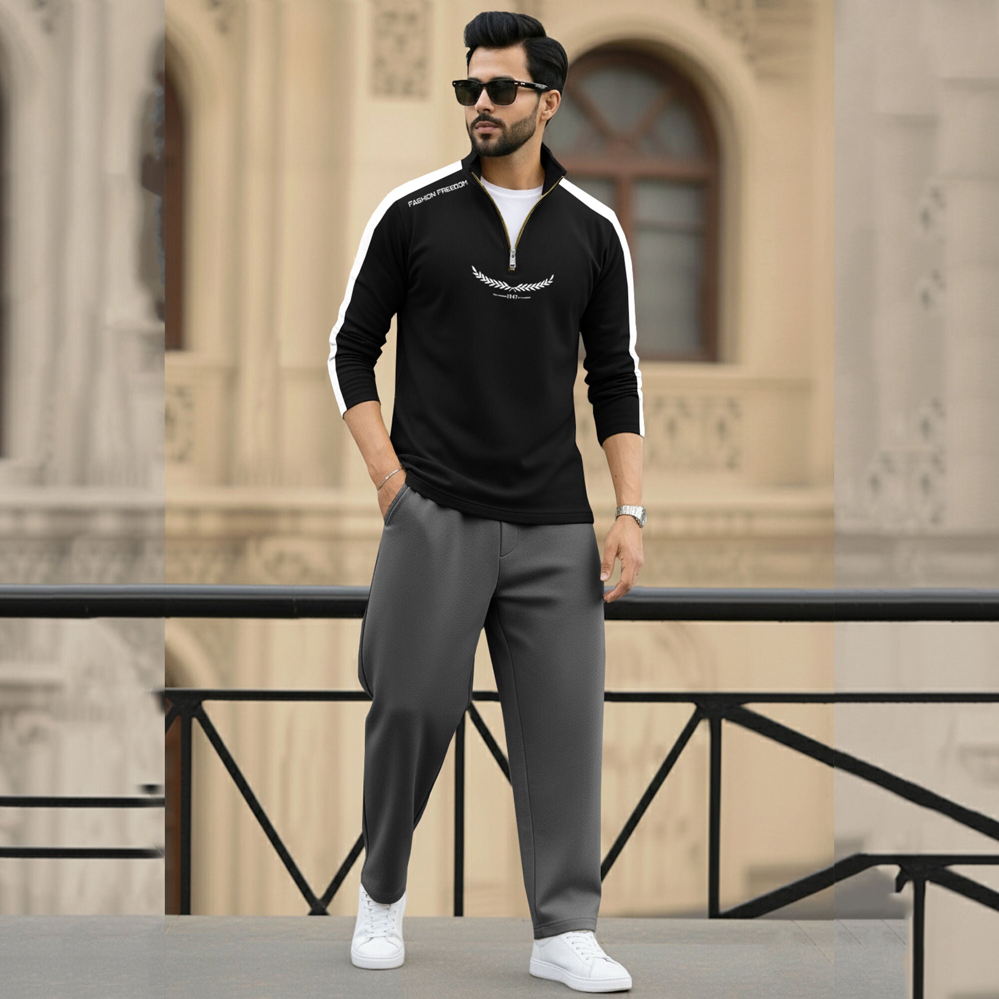 Men Full Sleeve Round Neck Cotton Blend Black-White T-Shirt