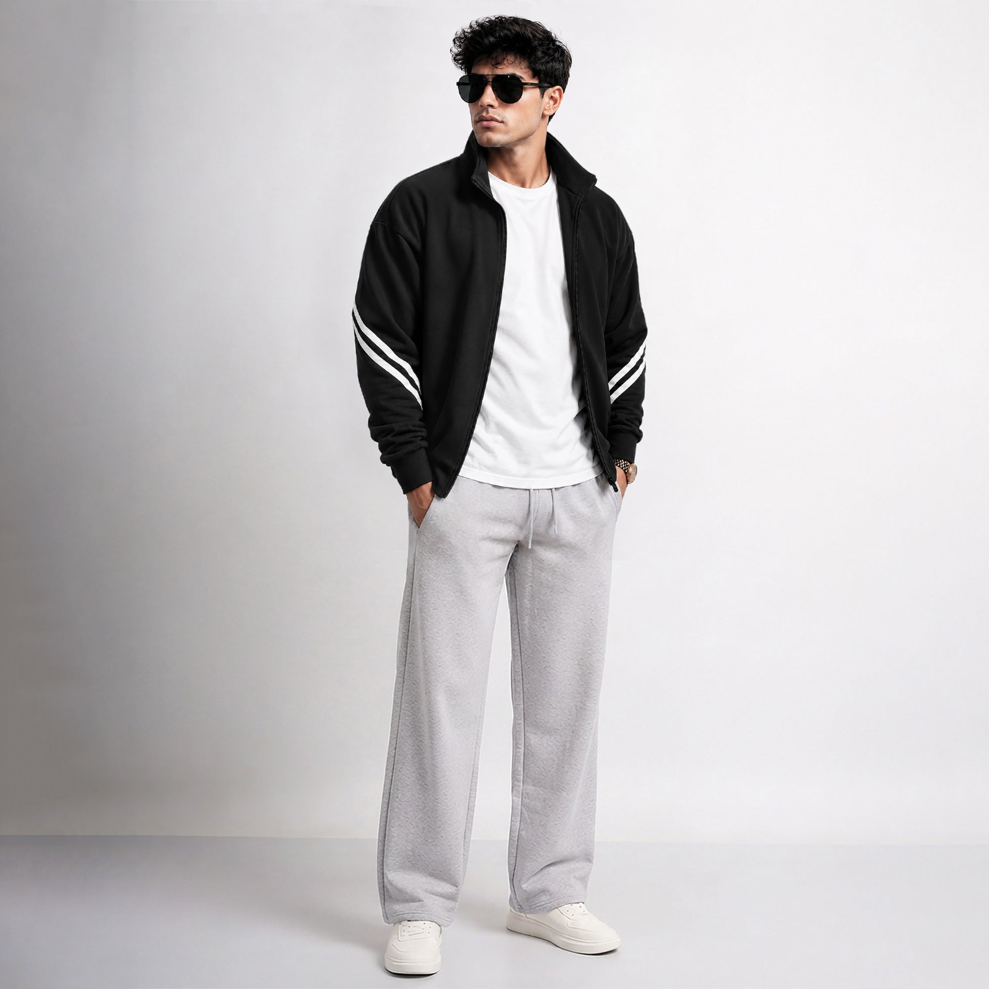 Mens High Neck Color Blocked Winter Jacket Black