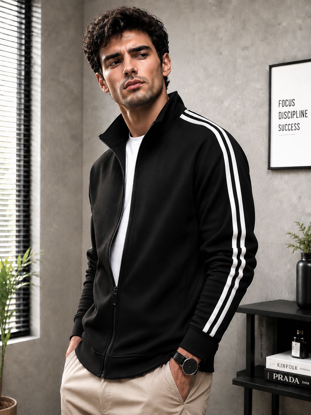 Mens Slim Fit High-Neck Winter Black Jacket with Side Stripes
