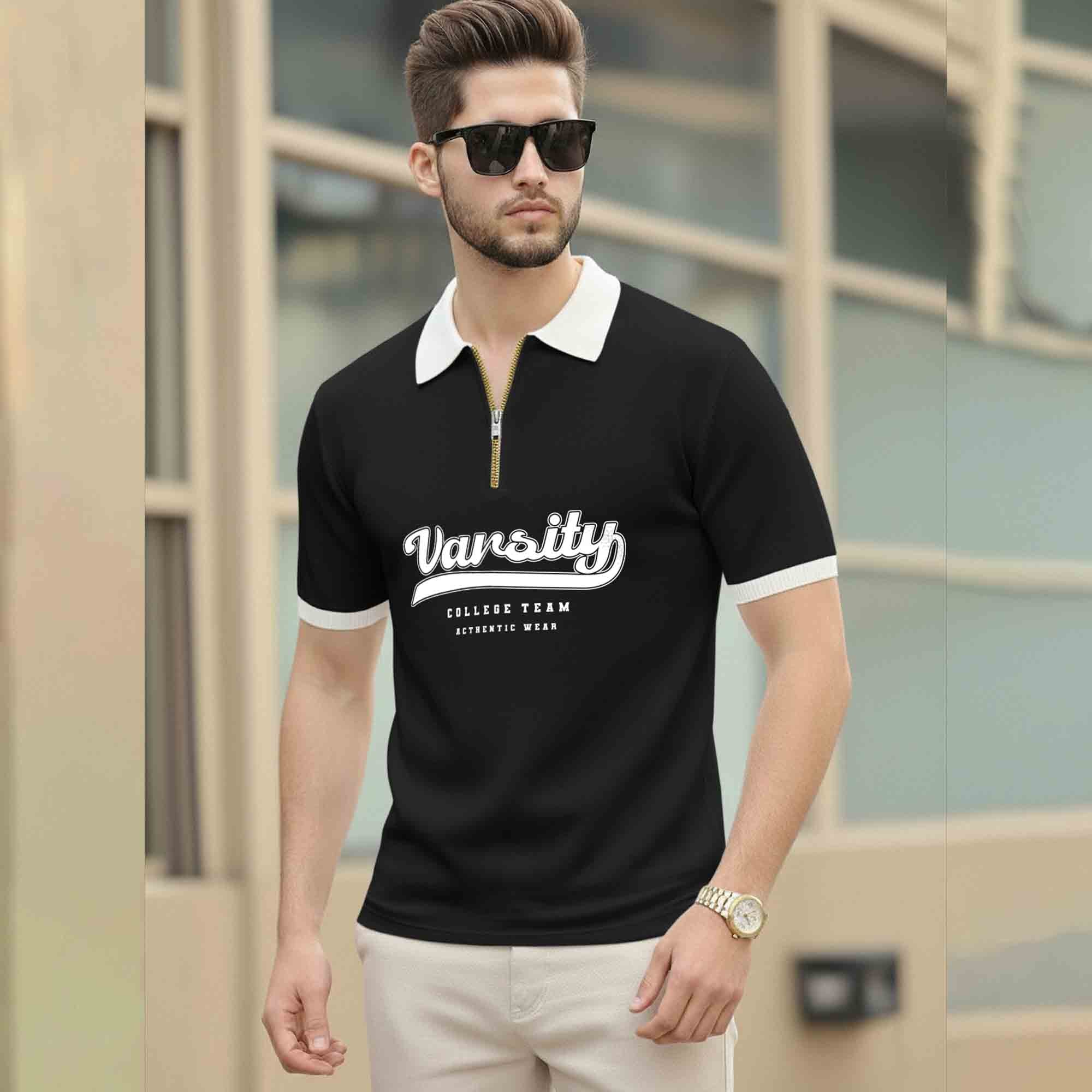 Men Colorblock Quarter Zip Polo Neck Half Sleeve T-shirt Black