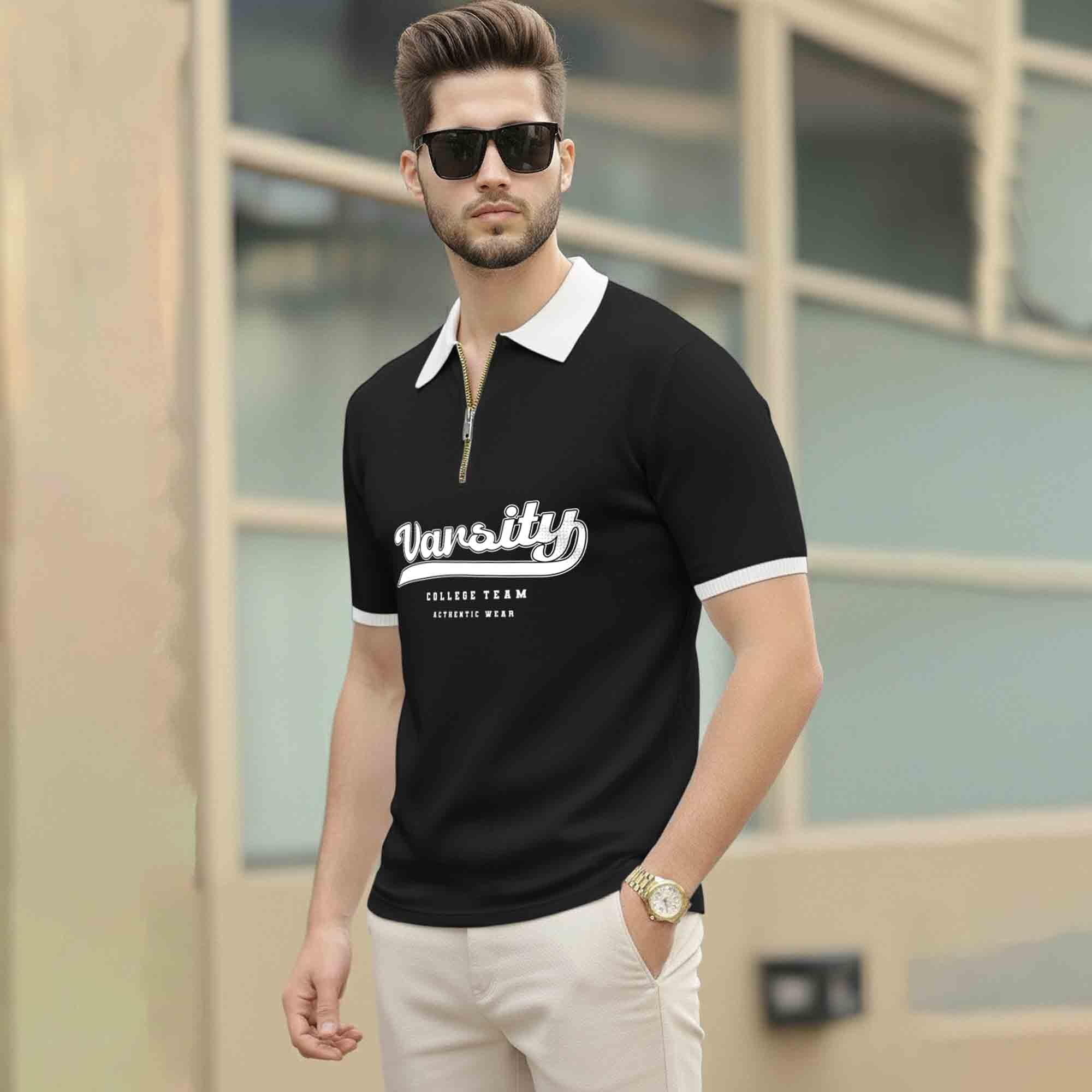 Men Colorblock Quarter Zip Polo Neck Half Sleeve T-shirt Black