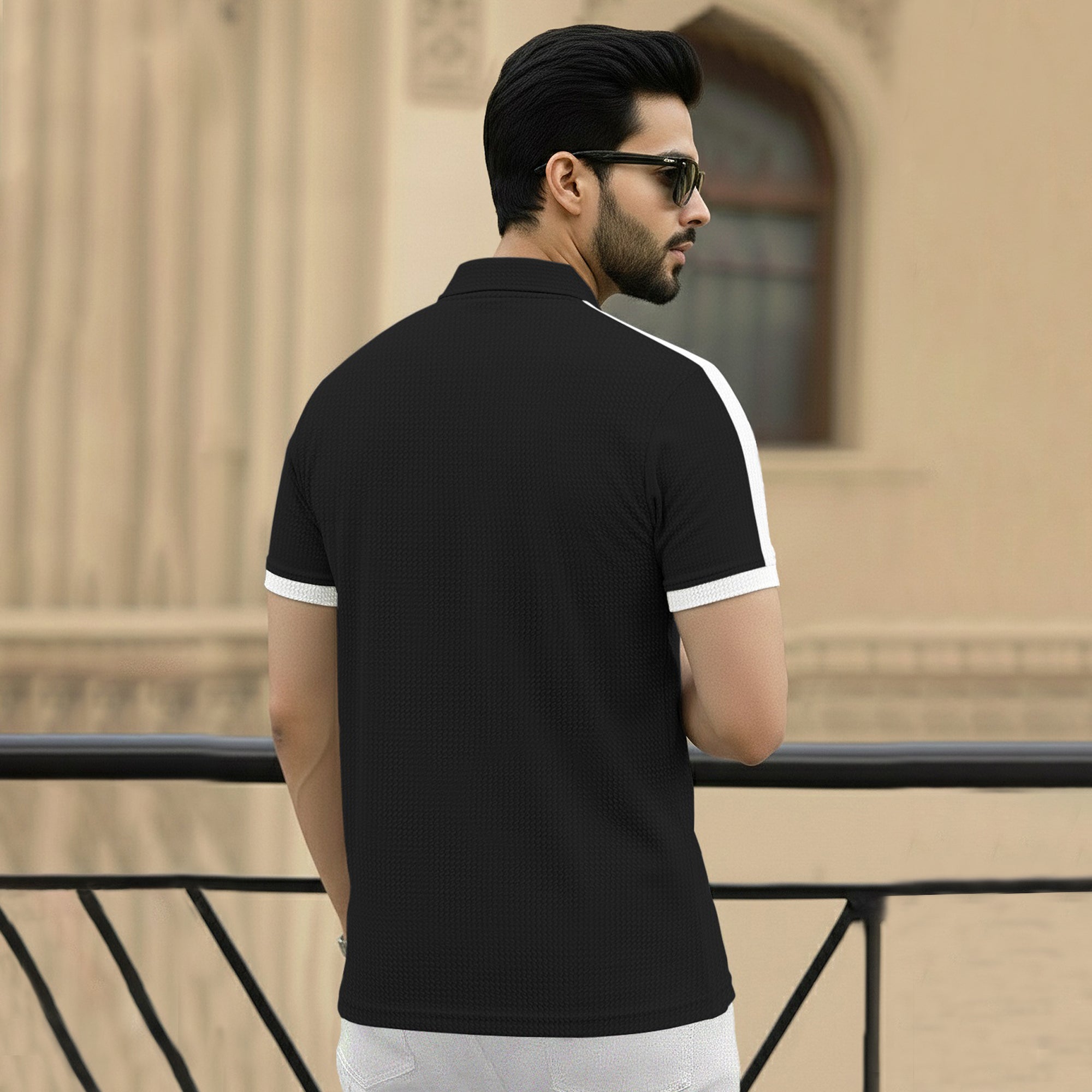 Men Quarter Zip Polo Neck Half Sleeve T-SHIRT Black & White